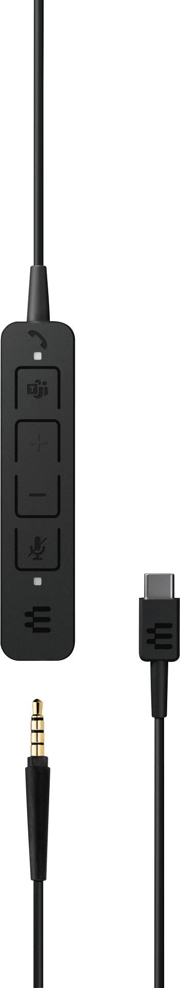 Černá kabelová dálkový ovladač s ovládáním hlasitosti a mikrofonu, zakončená USB-C a 3,5mm jack konektorem.