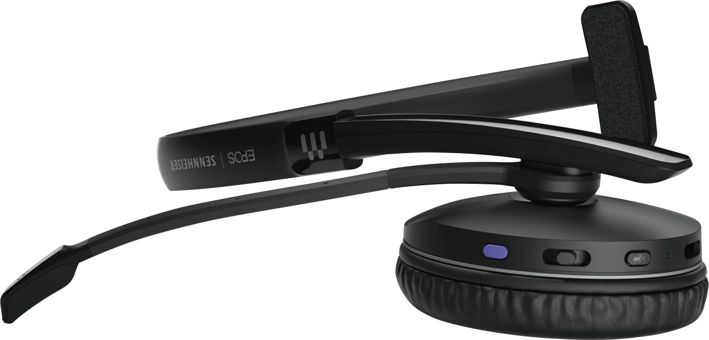 Bezdrátová sluchátka zobrazená z boku, černá, s polstrovaným naušníkem a sklopným mikrofonem. Vhodná pro handsfree hovory.