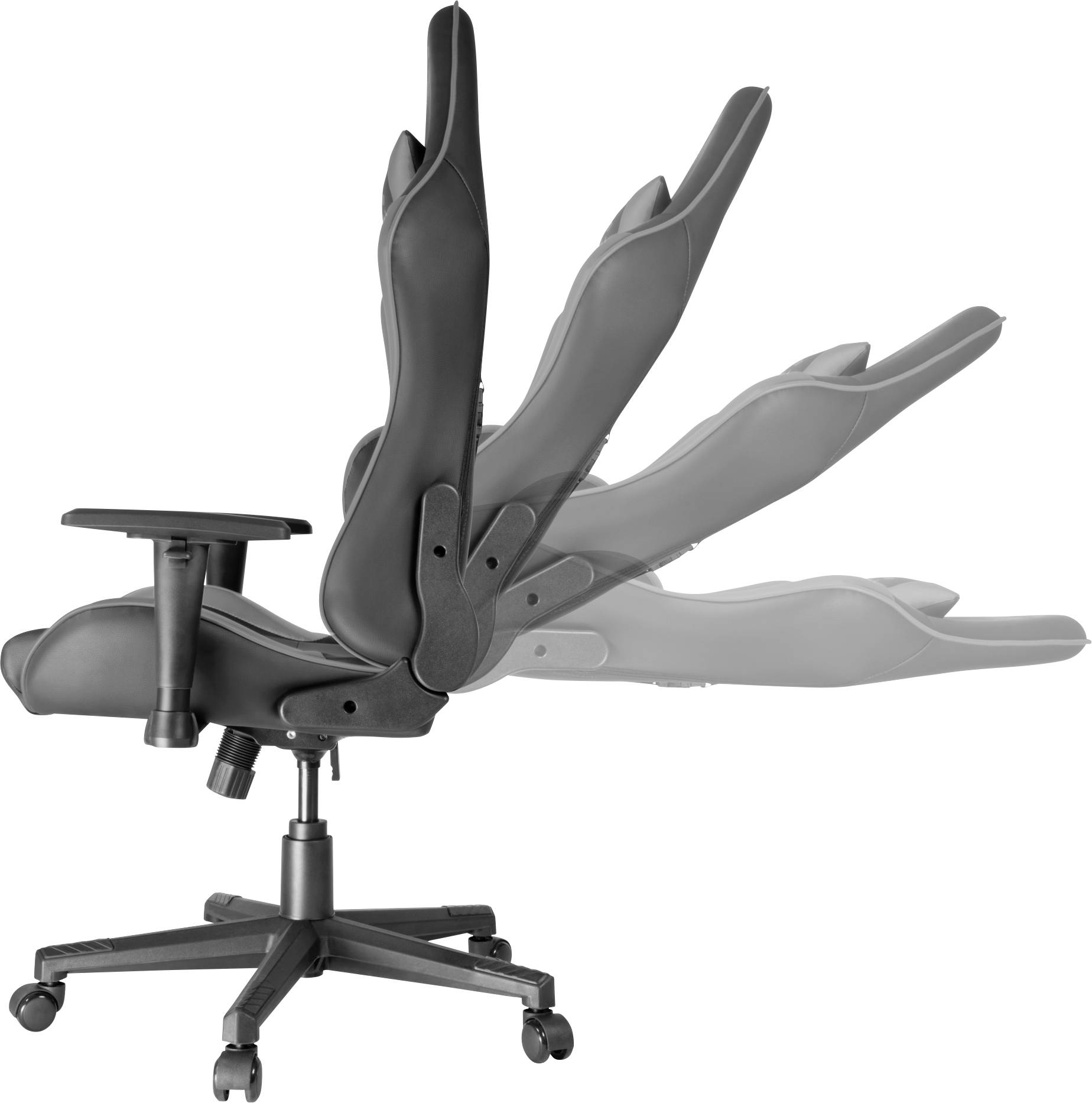 Černá kancelářská židle s nastavitelným opěradlem. Opěrák nabízí několik poloh náklonu pro ergonomické přizpůsobení.
