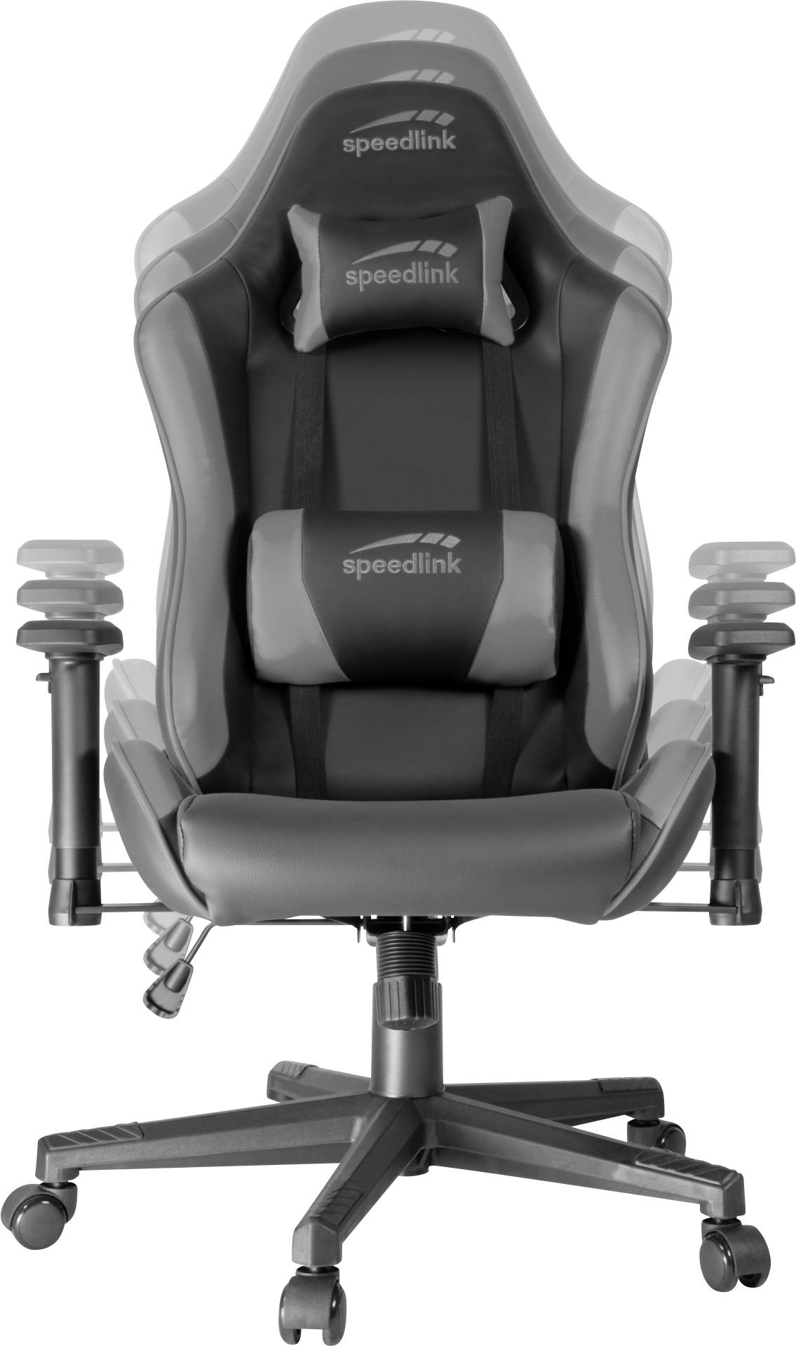 Ergonomická herní židle s opěrkami rukou a krční opěrkou, vhodná pro dlouhé sezení při hraní her nebo práci.