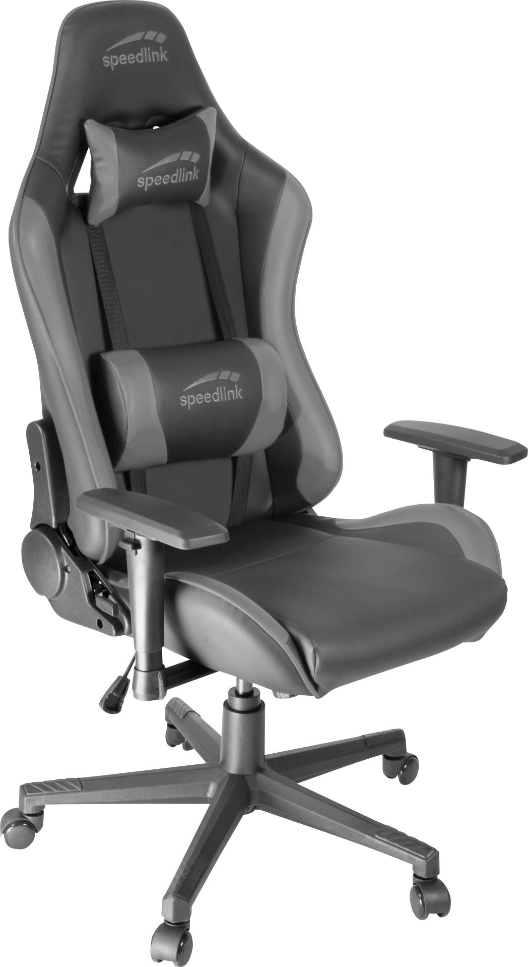 Černá herní židle s ergonomickým designem, vysokým opěradlem, polstrovanými opěrkami rukou a kolečky na pětiramenné základně.