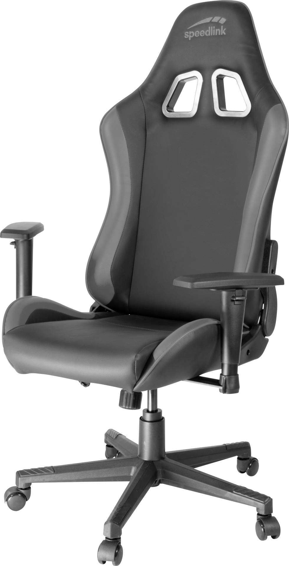 Ergonomická černá kancelářská židle ve stylu závodního sedadla s opěrkami rukou a kolečky, vhodná pro dlouhé pracovní sezení u psacího stolu.