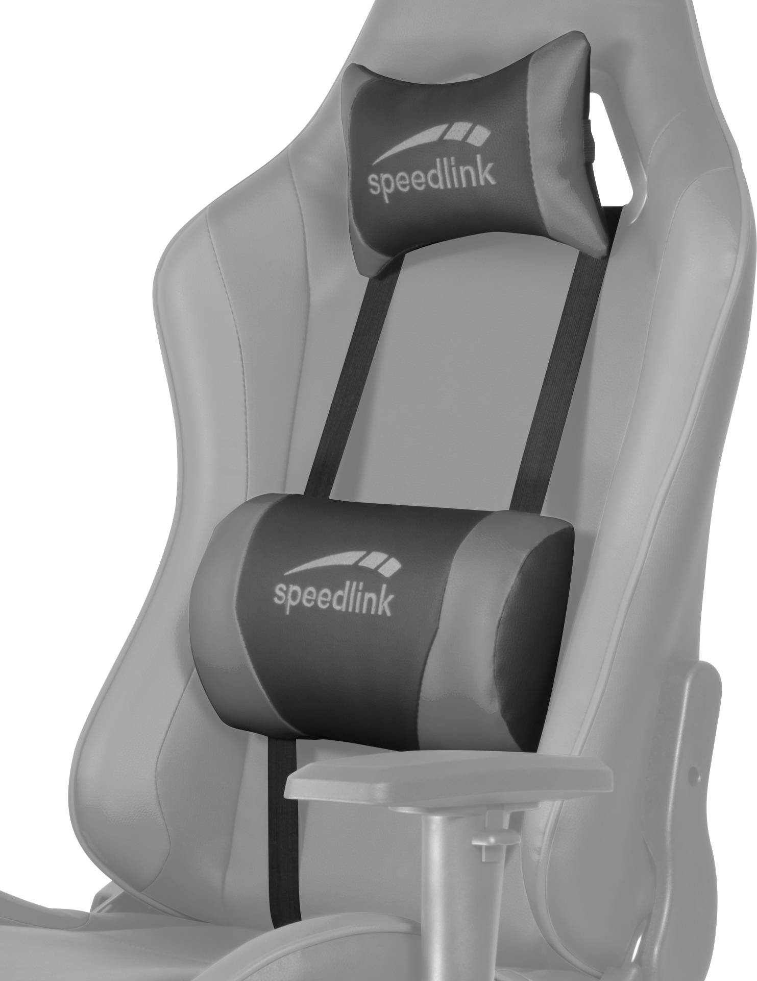 Herní židle s ergonomicky tvarovanými bederními a krčními polštáři, označená logem 'speedlink', nabízí pohodlí a podporu.