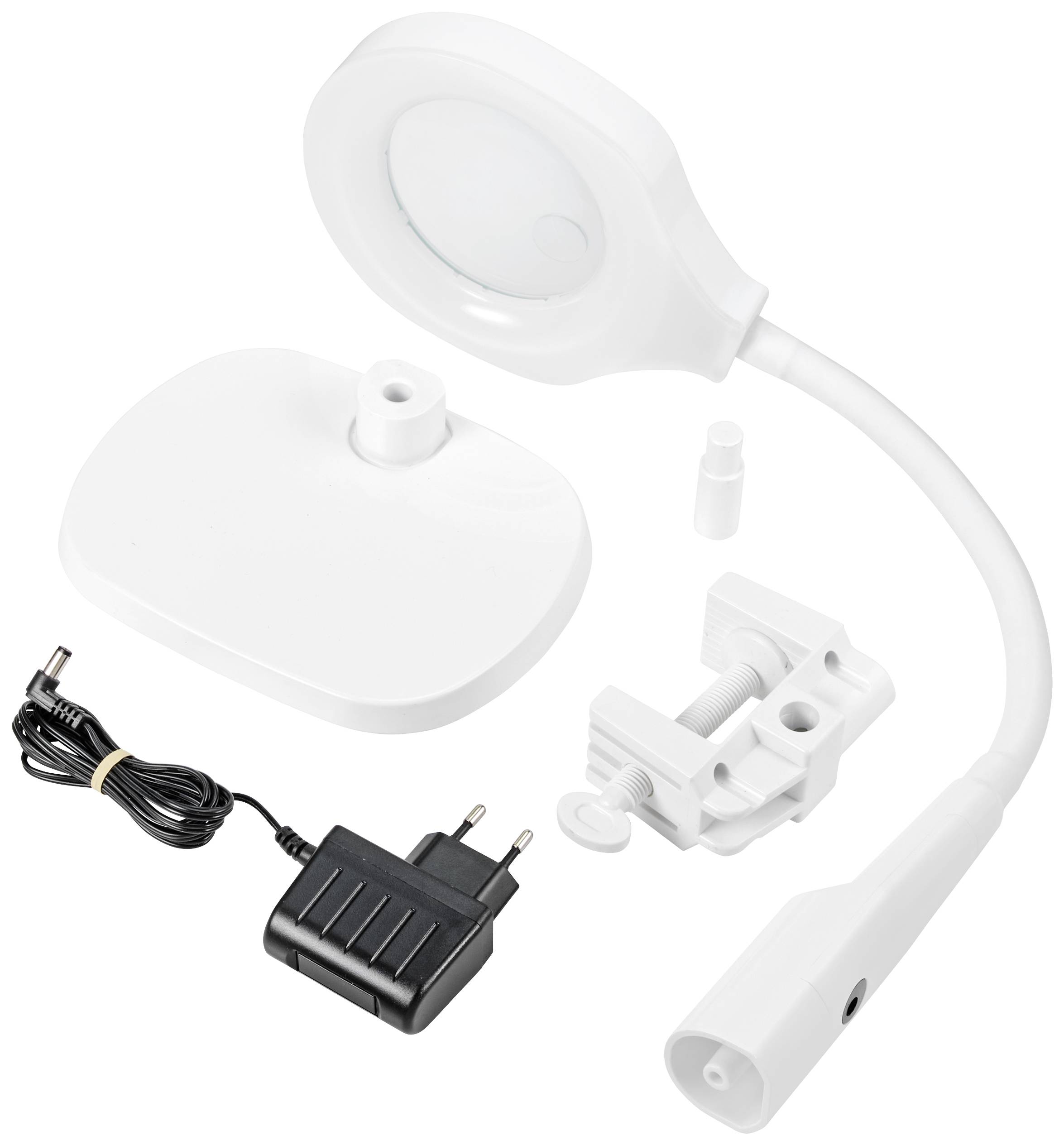 Lupová lampa v bílé barvě, skládající se z flexibilního ramene, kruhové zvětšovací čočky, svorky a síťového adaptéru, určená k upevnění na stůl.
