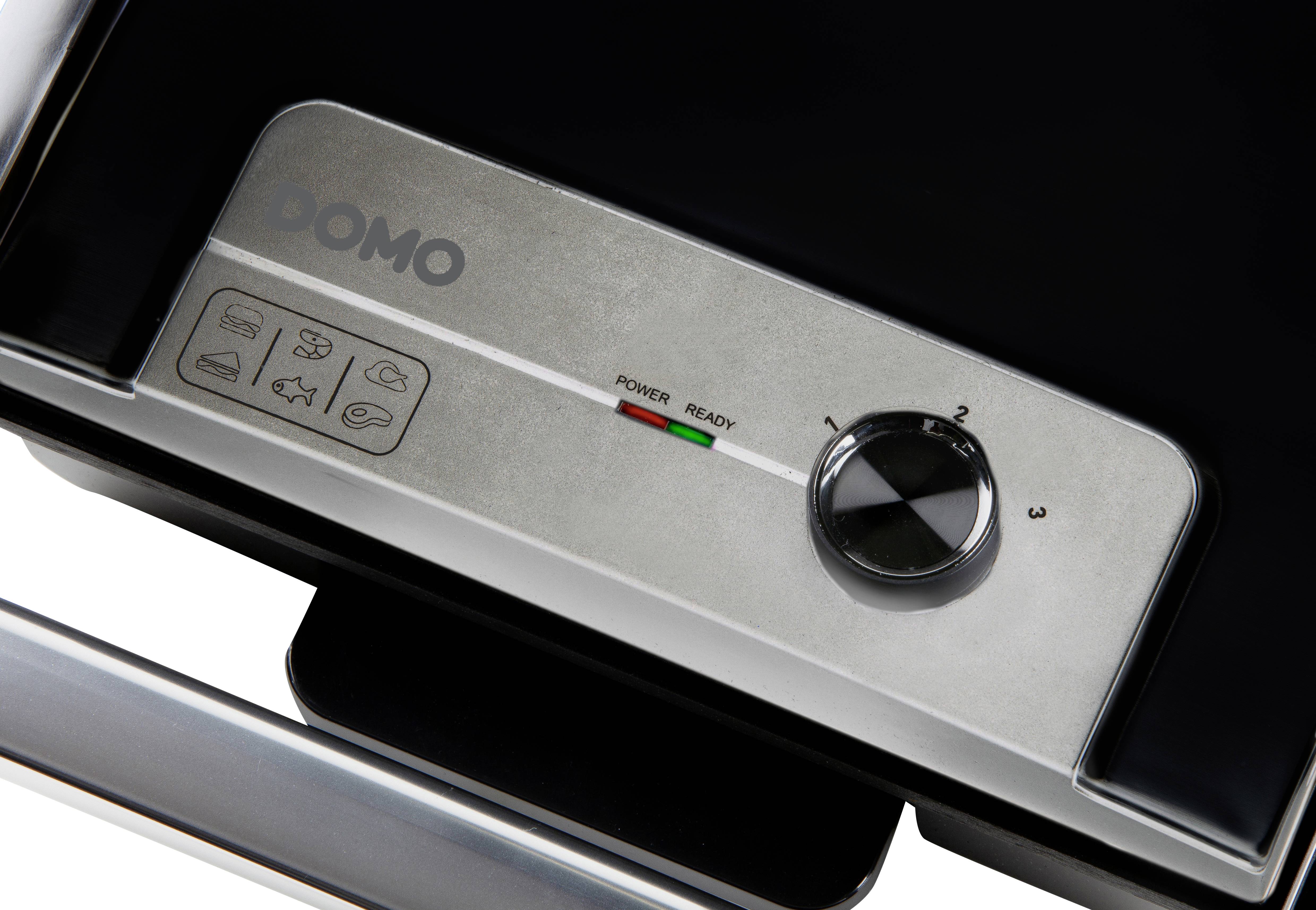 Ovládací prvky elektrického grilu značky DOMO, s vypínačem zapnuto/vypnuto, dvěma kontrolkami pro 'Napájení' a 'Připraveno', se třemi stupni topení.