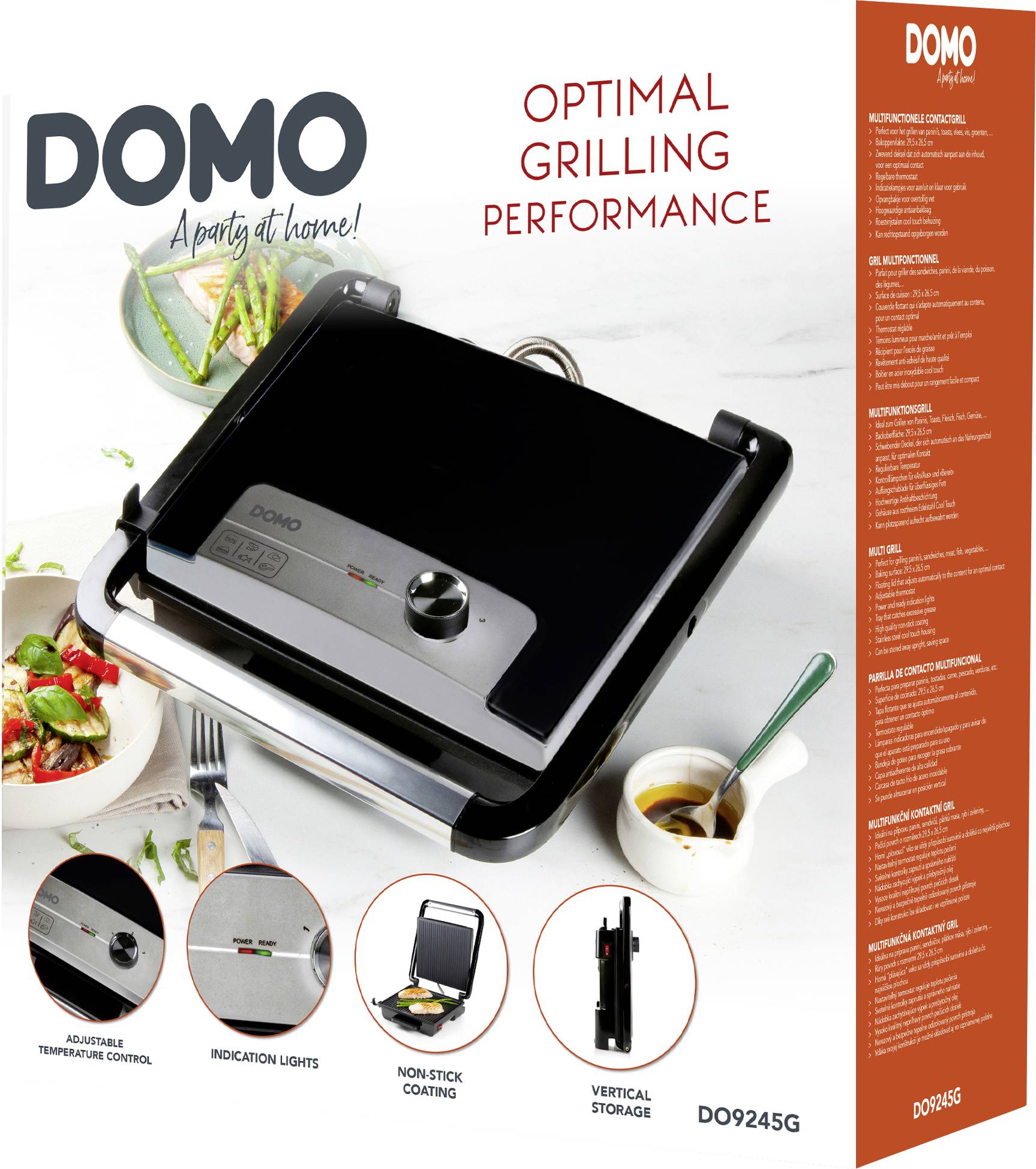 Černý kontaktní gril s nastavitelným termostatem a nepřilnavým povrchem. Obal ukazuje detaily a vlastnosti produktu.