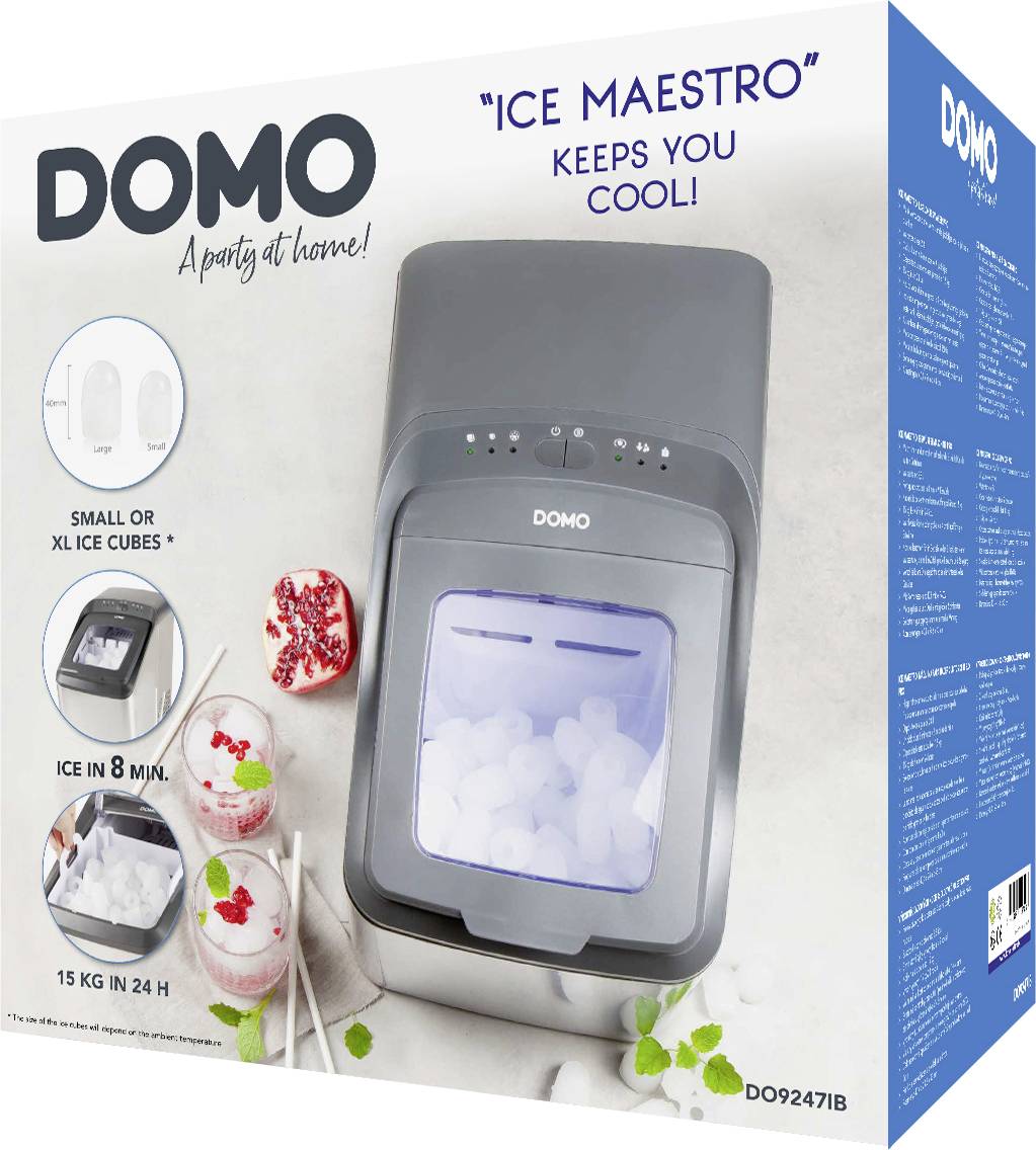 Výrobník ledu od společnosti DOMO na obalu; vyrábí ledové kostky za 8 minut, až 15 kg za 24 hodin. Displej: 'Ice Maestro'.