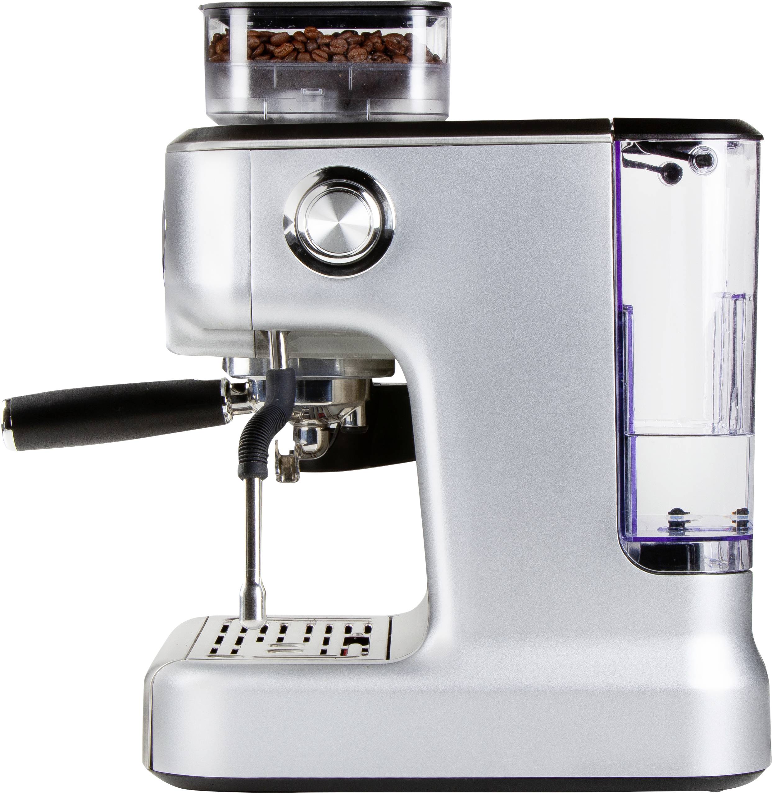 Stříbrný espresso kávovar s nádobkou na vodu a zásobníkem na kávová zrna, pohled z boku. Vhodný pro přípravu kávy.