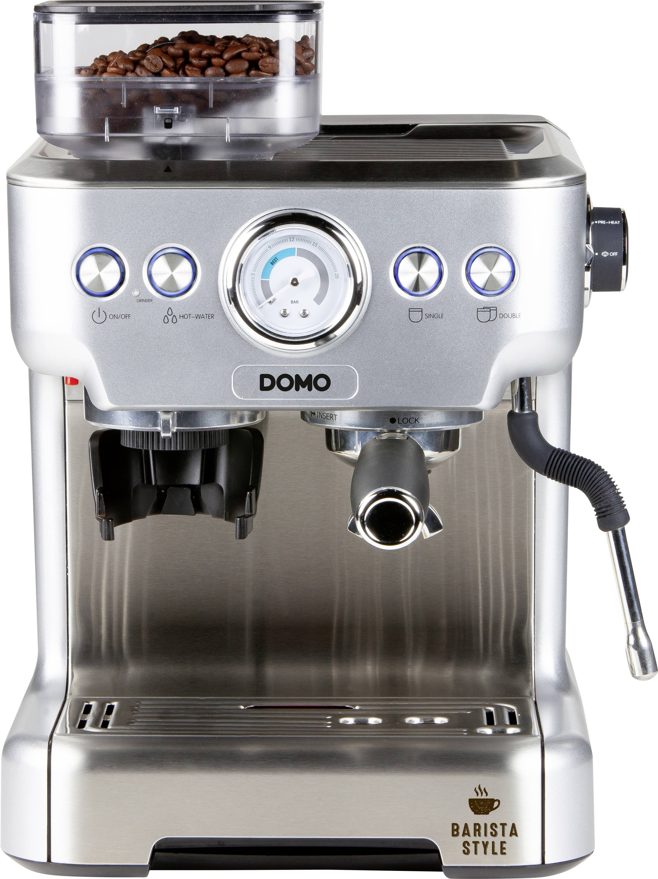 Stříbrný espresso automat s nádobou na kávová zrna nahoře, ovládacími tlačítky pro nastavení a parní tryskou vpravo. Vhodný pro baristy.