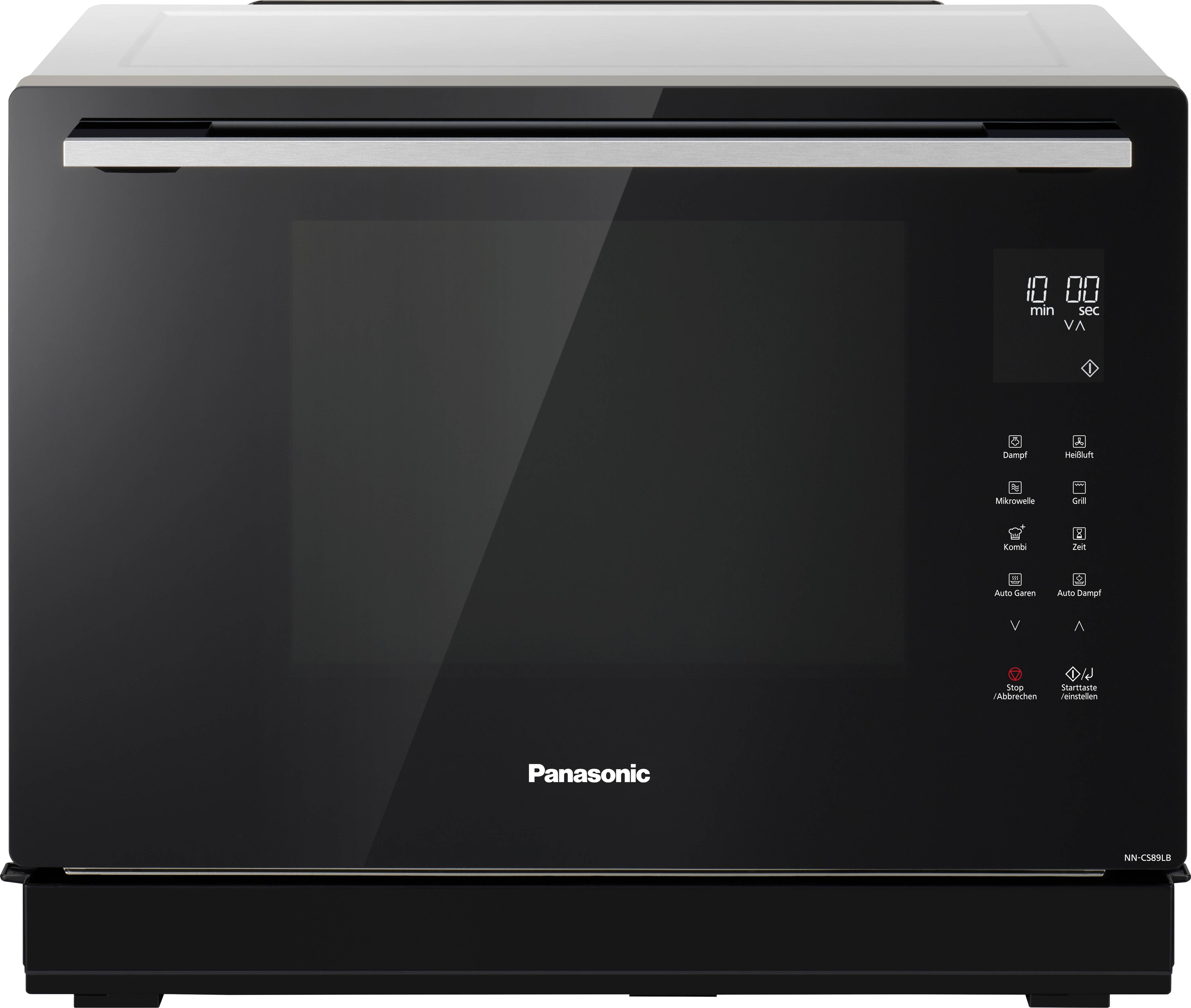 Černá kombinovaná mikrovlnná trouba Panasonic s digitálním displejem. Zobrazuje teplotu a čas. Ovládací tlačítka jsou umístěna po straně.