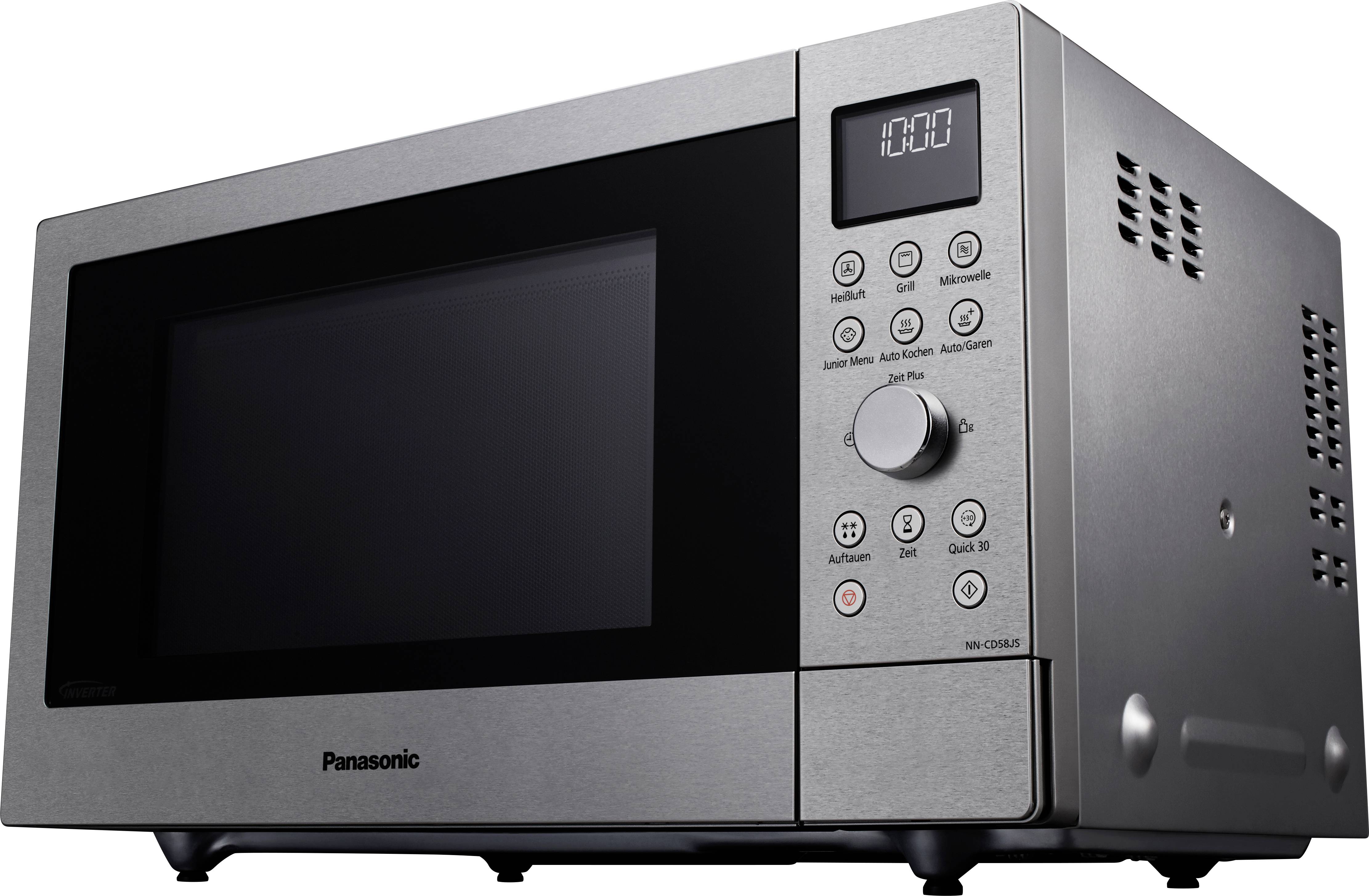 Stříbrná mikrovlnná trouba Panasonic s digitálním displejem a řadou tlačítek pro různé funkce, která zobrazuje '10:00'.