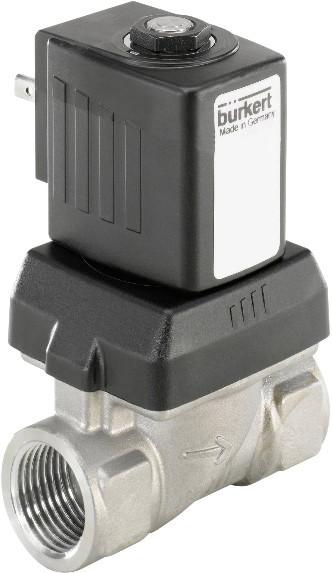 Elektrický ventil z kovu s černým tělem, s nápisem "Made in Germany".
