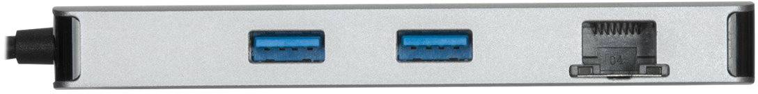 Kovový adaptér se dvěma modrými USB porty a jedním ethernetovým portem pro síťové připojení.