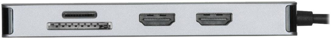 Stříbrný adaptér s konektory: jeden USB-C, jeden HDMI, jeden DisplayPort a dva DVI porty.