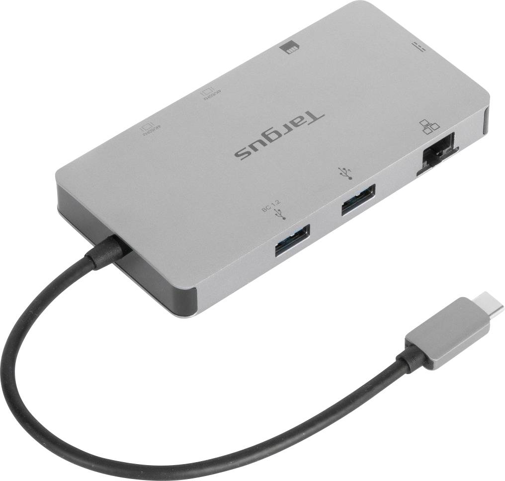 Stříbrný USB-C hub značky 'Targus' nabízí HDMI, Ethernet a dva USB porty, připojený pomocí USB-C kabelu.
