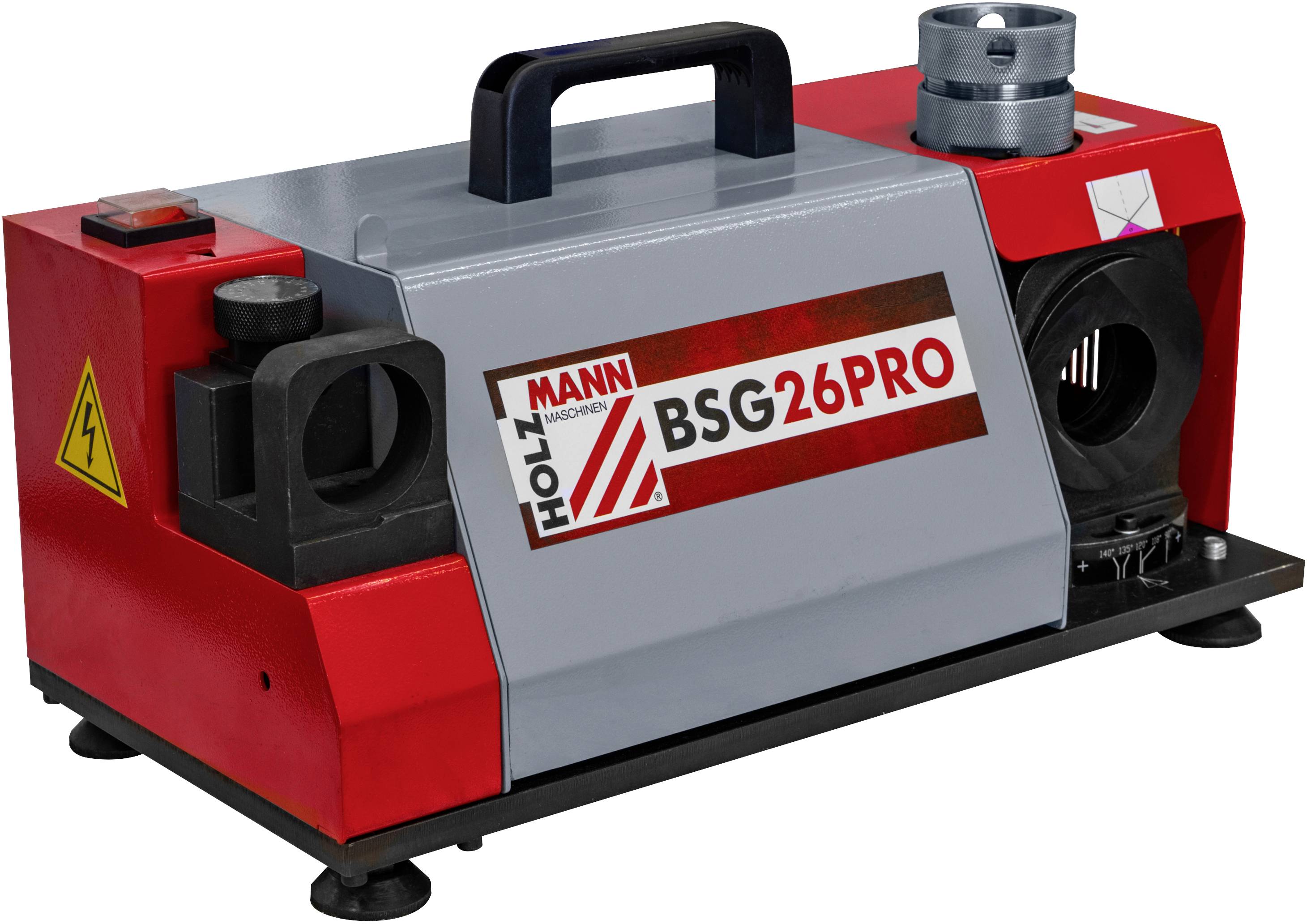 Strojová bruska 'BSG 26 PRO' od Holzmannu, obdélníkový tvar, červená a šedá barva, rukojeť nahoře, elektrické připojení vlevo.