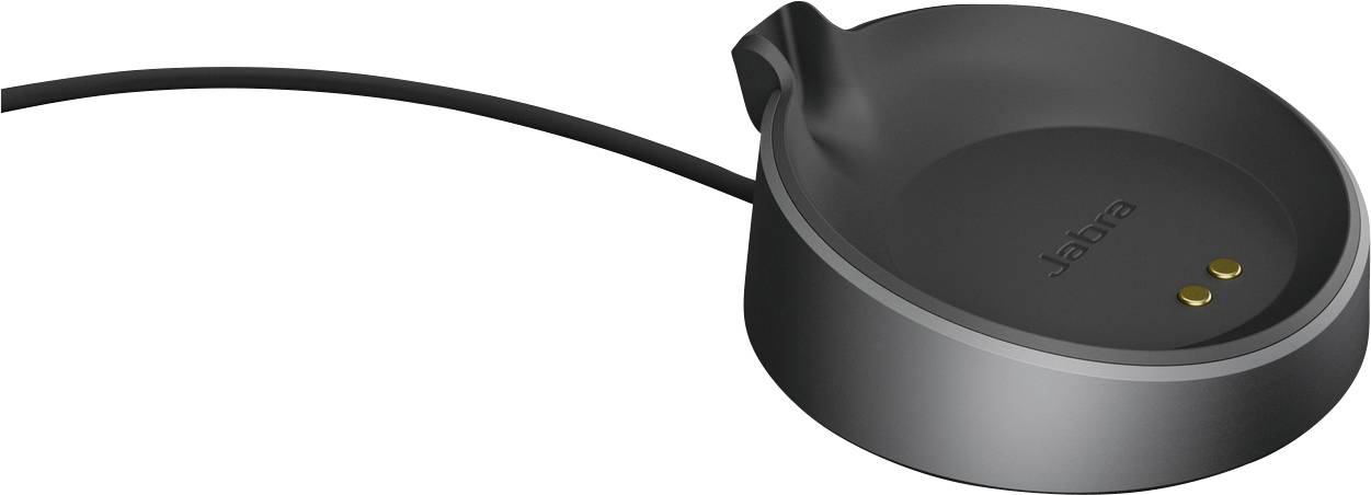 Černá nabíjecí základna s kabelem, dvěma zlatými kontakty a logem 'Jabra', určená k nabíjení kompatibilních elektronických zařízení.