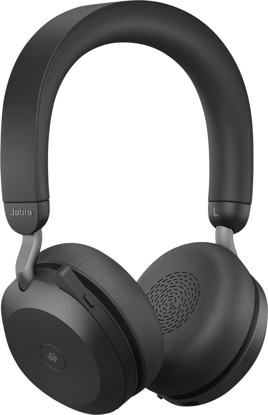 Černá over-ear sluchátka s polstrovanými mušlemi a nastavitelným obloukem, vlevo je viditelné logo značky Jabra.