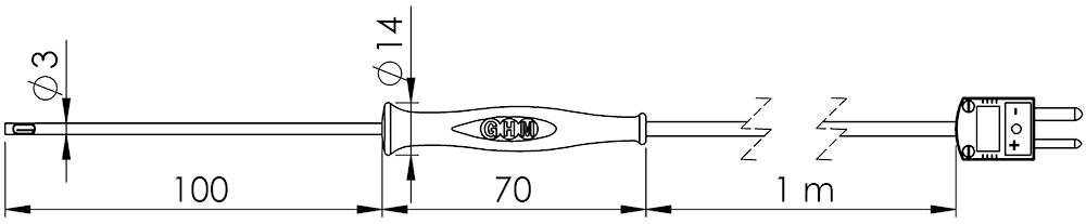 Kresba šroubováku s rozměry: délka čepele 100 mm, rukojeť 70 mm, kabel 1 m. Průměr čepele 3 mm, rukojeti 14 mm.
