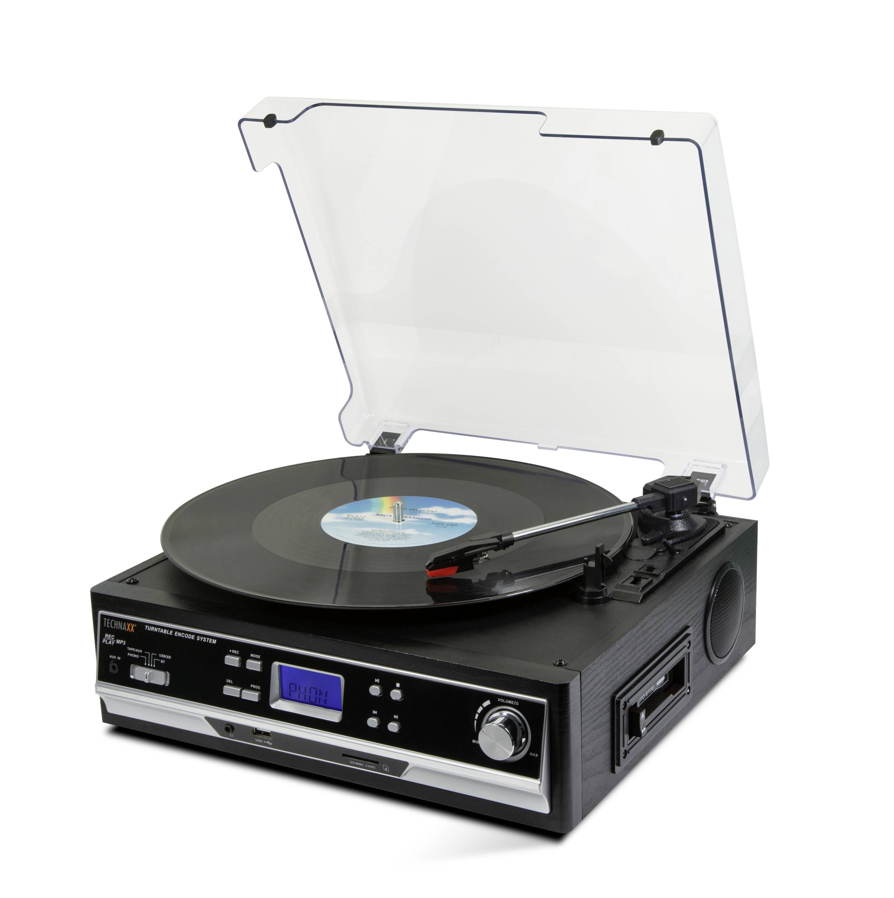 Gramofon s nasazenou vinylovou deskou, průhledným krytem, modrou digitální stupnicí a ovladačem hlasitosti na přední straně.