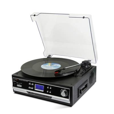 Gramofon s nasazenou vinylovou deskou, průhledným krytem, modrou digitální stupnicí a ovladačem hlasitosti na přední straně.