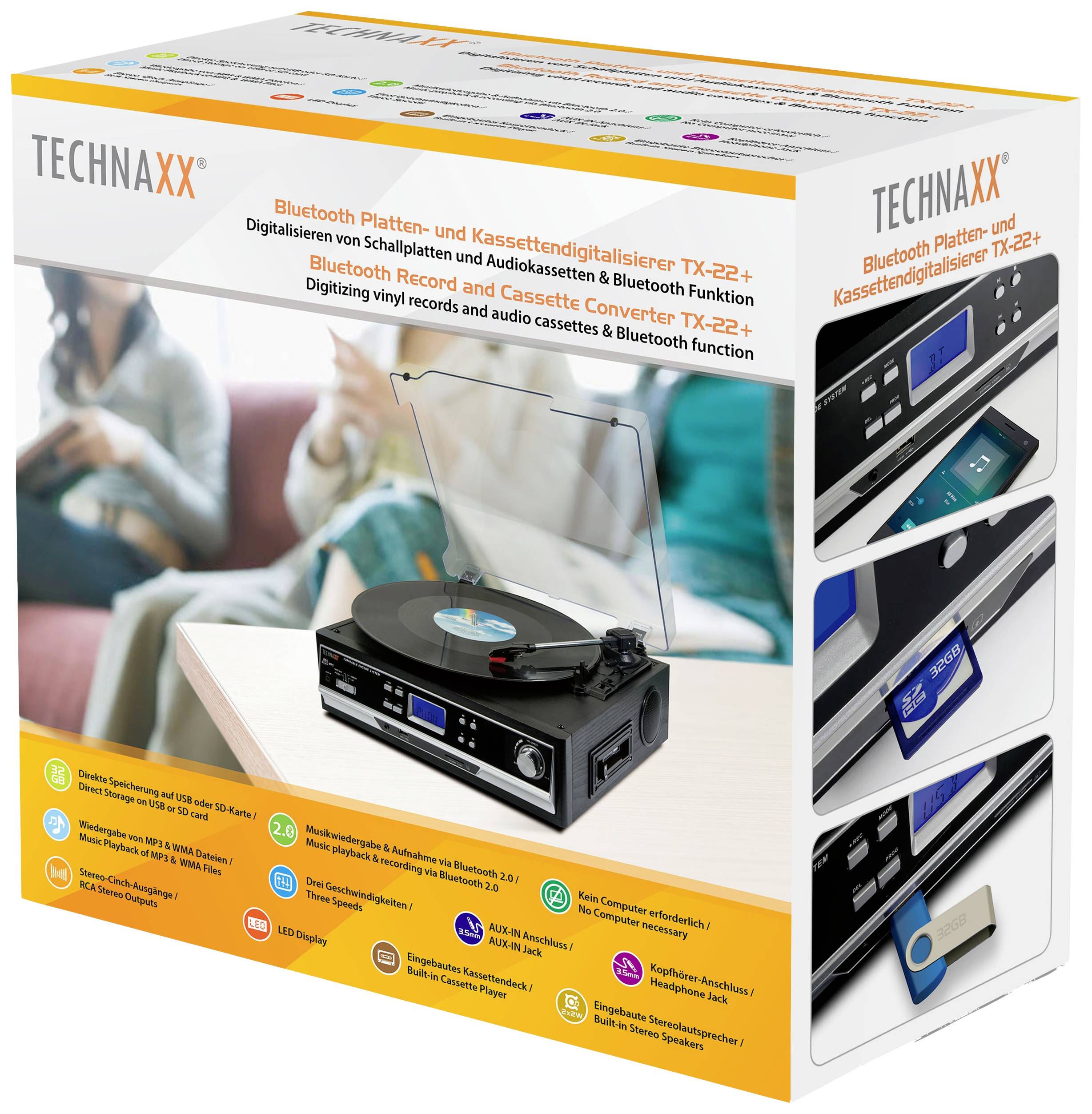 Technaxx Bluetooth gramofon a digitalizátor kazet TX-22+ pro digitalizaci vinylových desek a audiokazet. Obsahuje funkci Bluetooth.