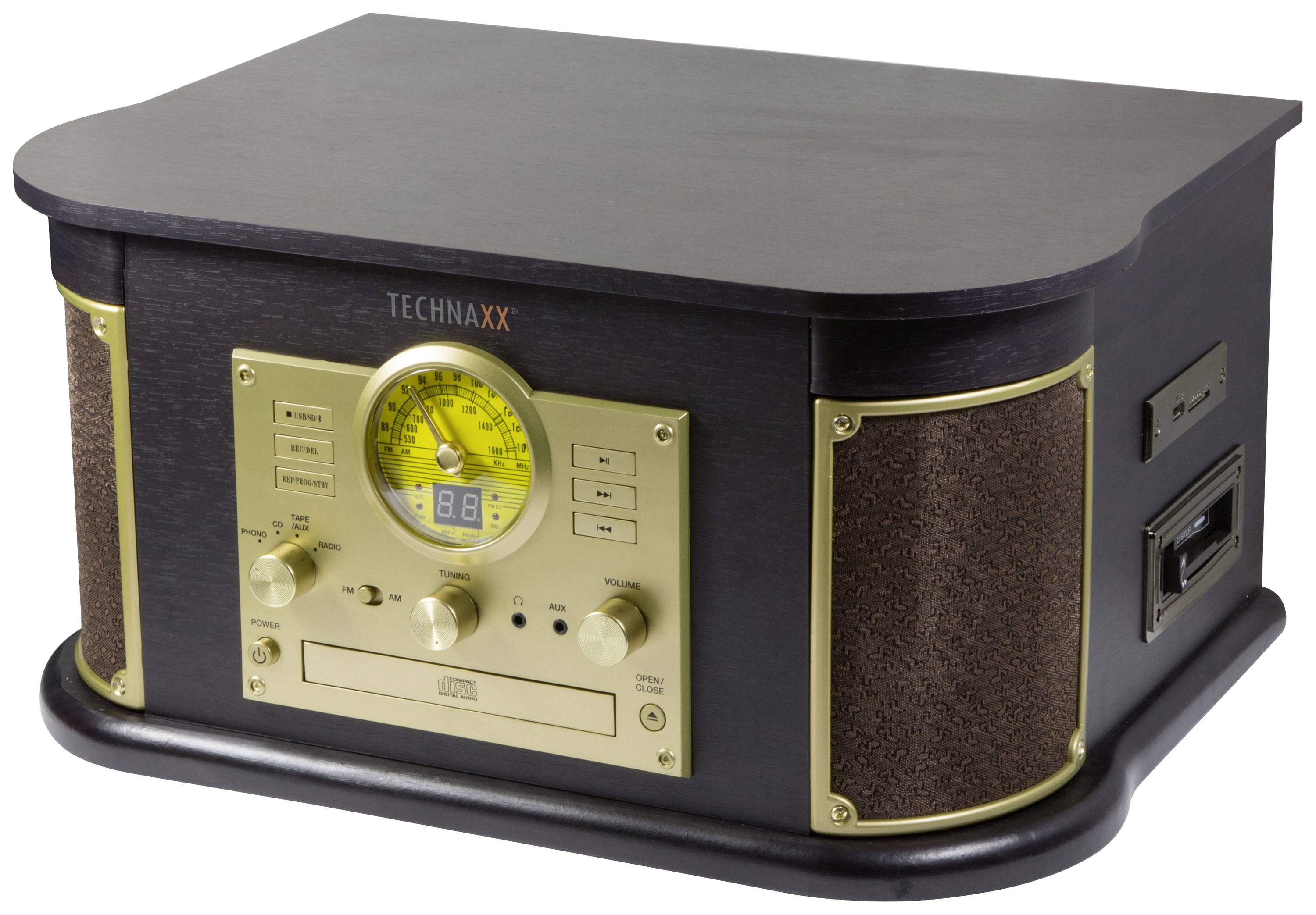 Dřevěné rádio ve vintage stylu s integrovanými hodinami a reproduktory. Přední strana s ovládacími prvky a kazetovým přehrávačem.