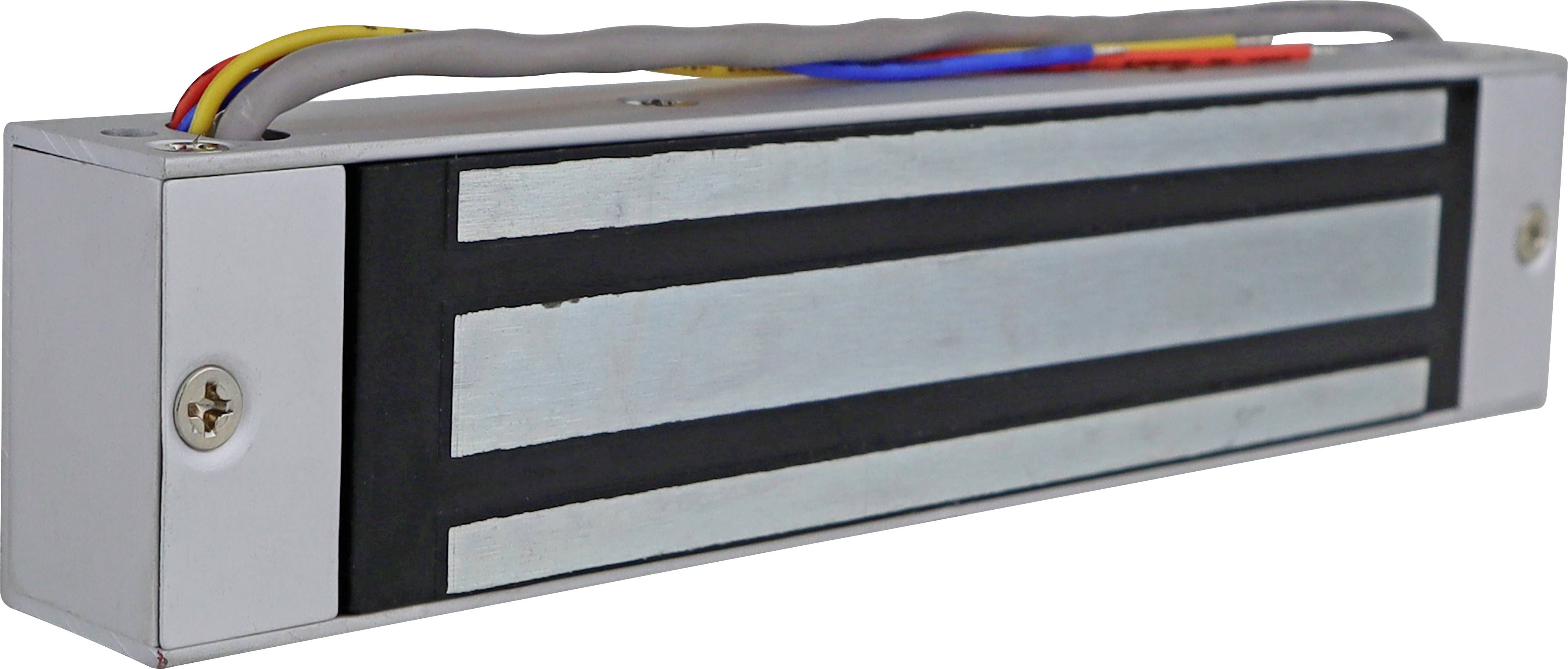 Stříbrný elektromagnet s kabely pro upevnění na dveře, používaný jako bezpečnostní zámek v systémech kontroly vstupu.