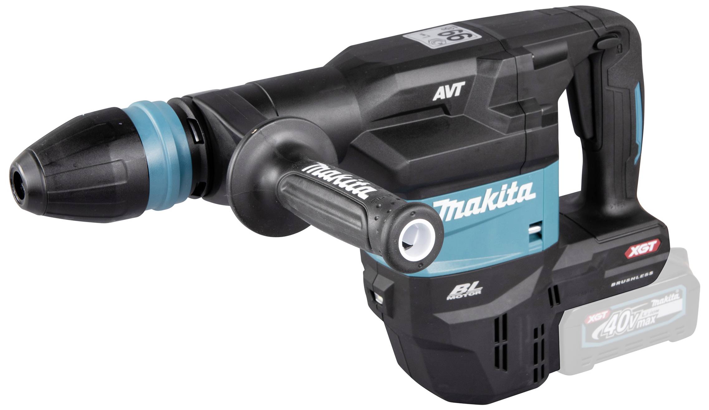 Černý a tyrkysový Makita příklepový vrtací šroubovák s ergonomickou rukojetí a odnímatelnou baterií na bílém pozadí.