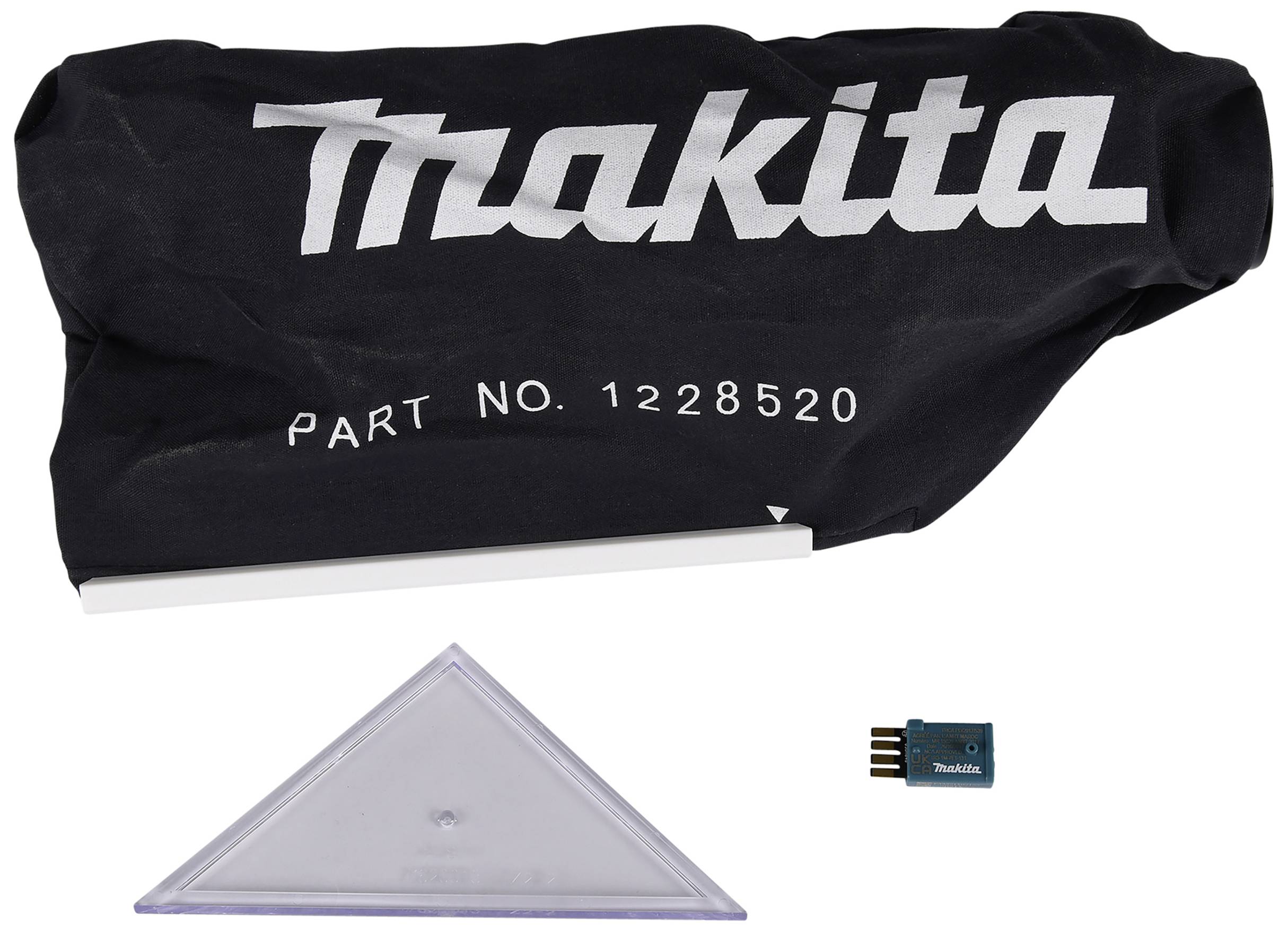 Černá textilní taška s nápisem 'Makita PART NO. 1228520', průhledný trojúhelníkový nástroj a malý adaptér.
