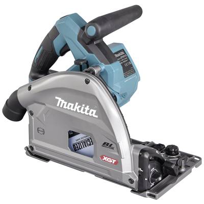 Akumulátorová ponorná pila Makita v modro-stříbrné barvě, modelové číslo XGT. Zařízení s ergonomickou rukojetí, technologií bezkartáčového motoru a připojením pro odsávání prachu.