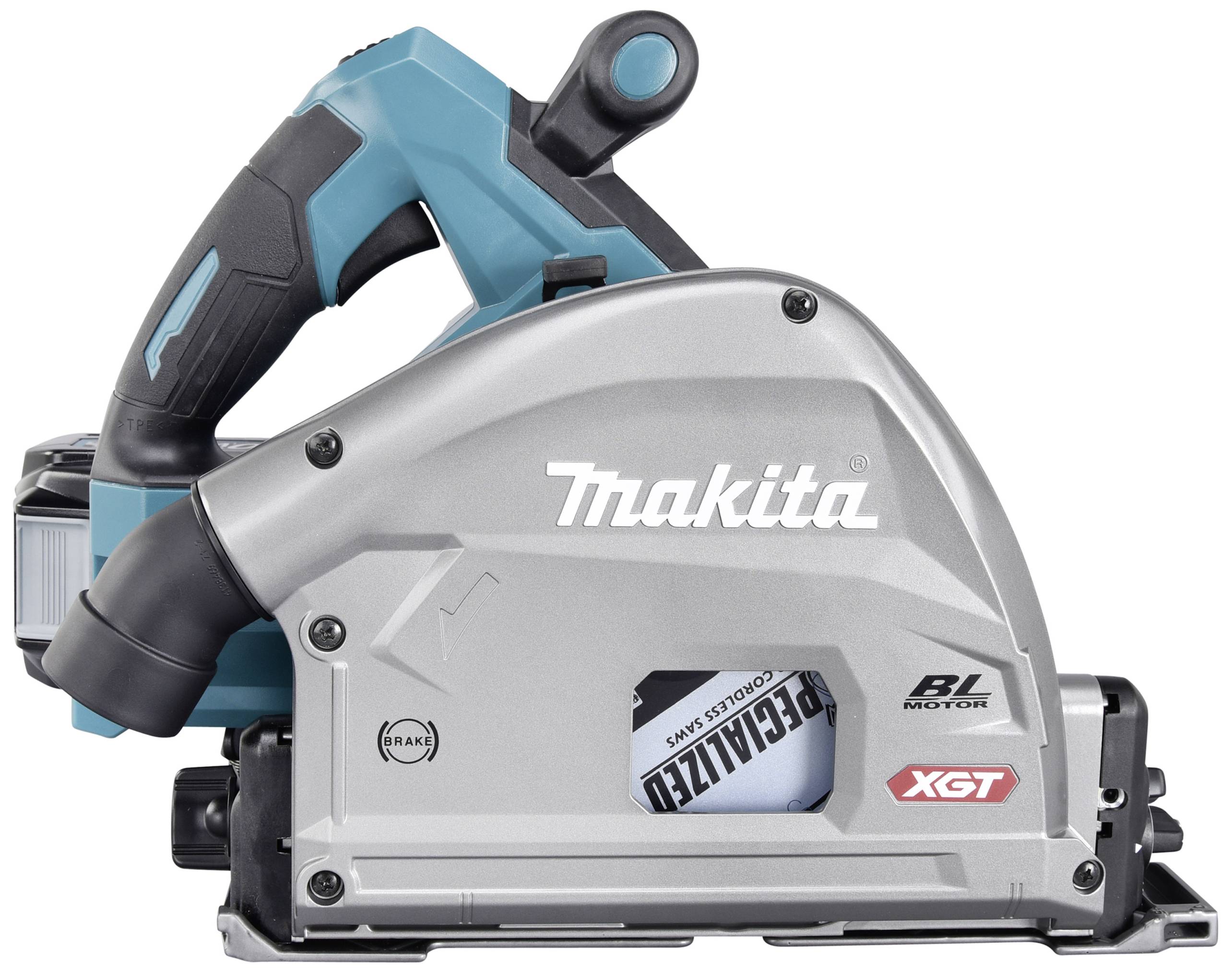 Ruční kotoučová pila v modré a šedé barvě s nápisem 'Makita', 'XGT' a 'BL Motor'. Má ergonomickou rukojeť a robustní kryt.