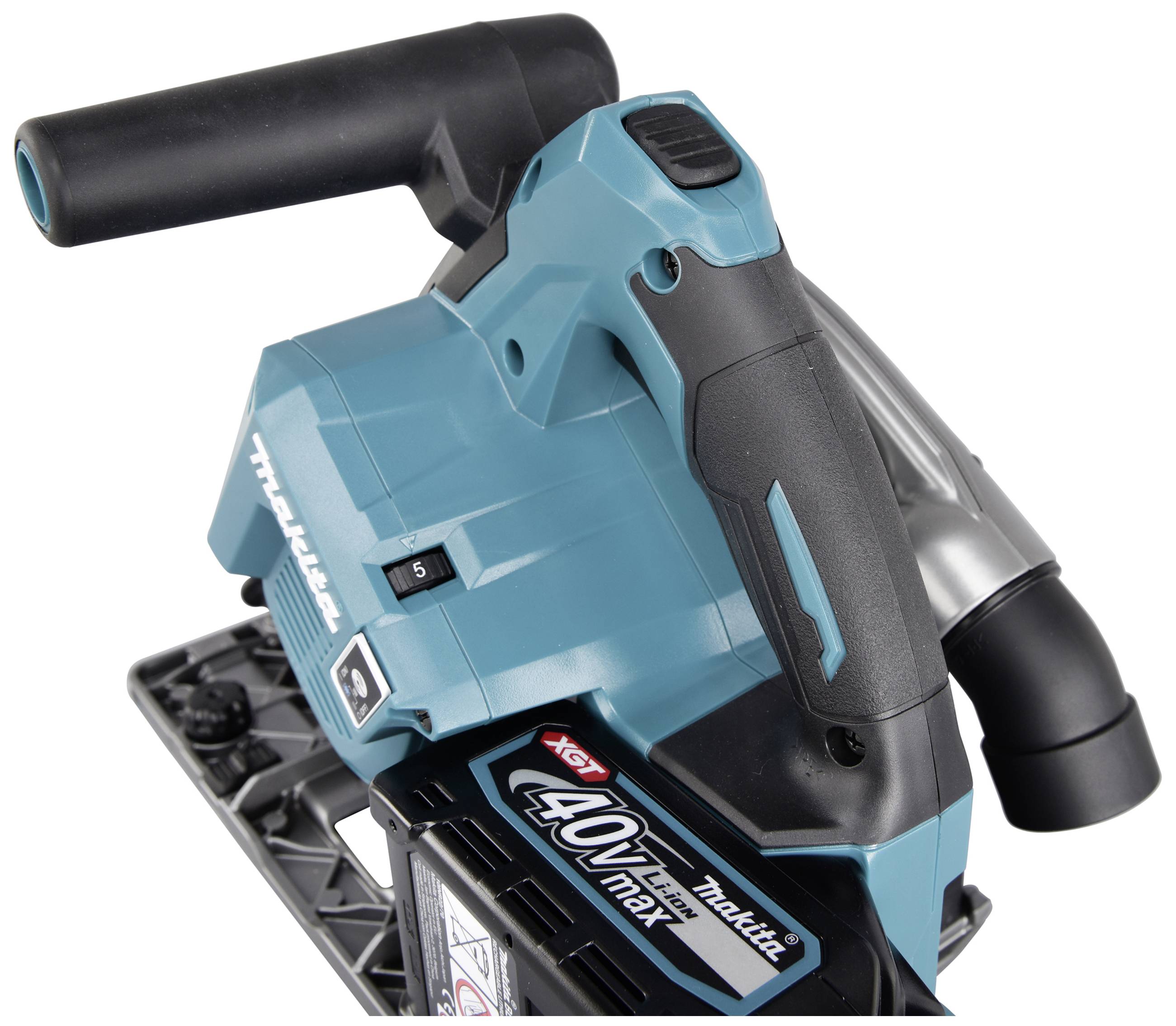 Akumulátorová modrá a černá ruční okružní pila s ergonomickou rukojetí a logem 40V Max, boční pohled.