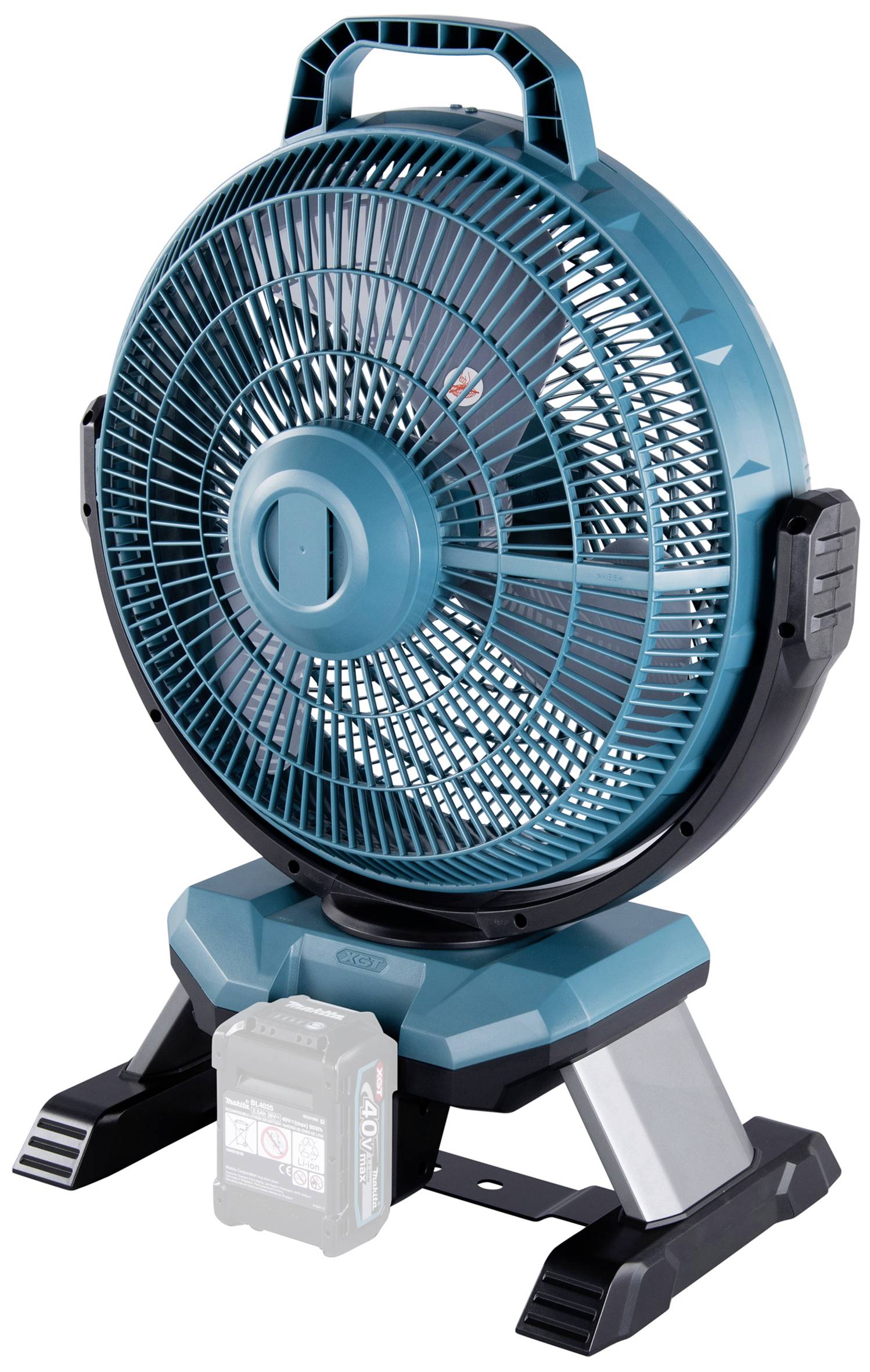 Přenosný modrý ventilátor s centrálním otočným ovladačem, dvěma stabilizačními nožkami a rukojetí nahoře. Vhodný pro bezdrátové použití.