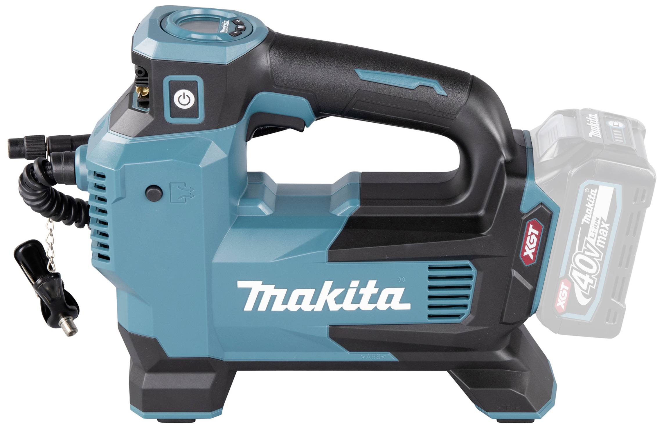 Akumulátorový kompresor značky Makita, model XGT, s 40V, v modré a černé barvě. Vhodný pro mobilní pneumatické aplikace.