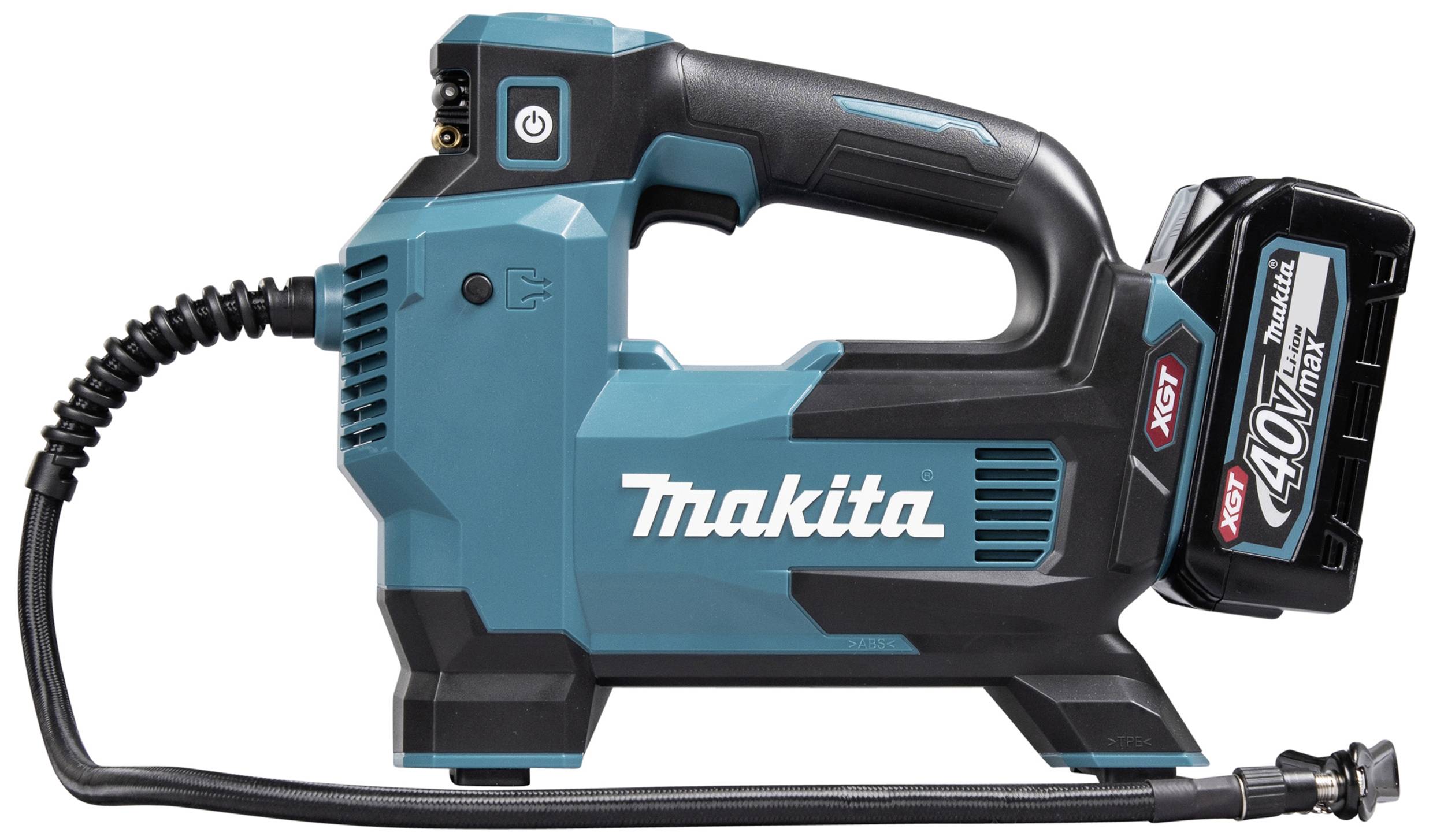 Tmavě modrý přenosný elektrický kompresor s připojenou hadicí a nástavcem. Nápis: 'Makita XGT 40V max'.