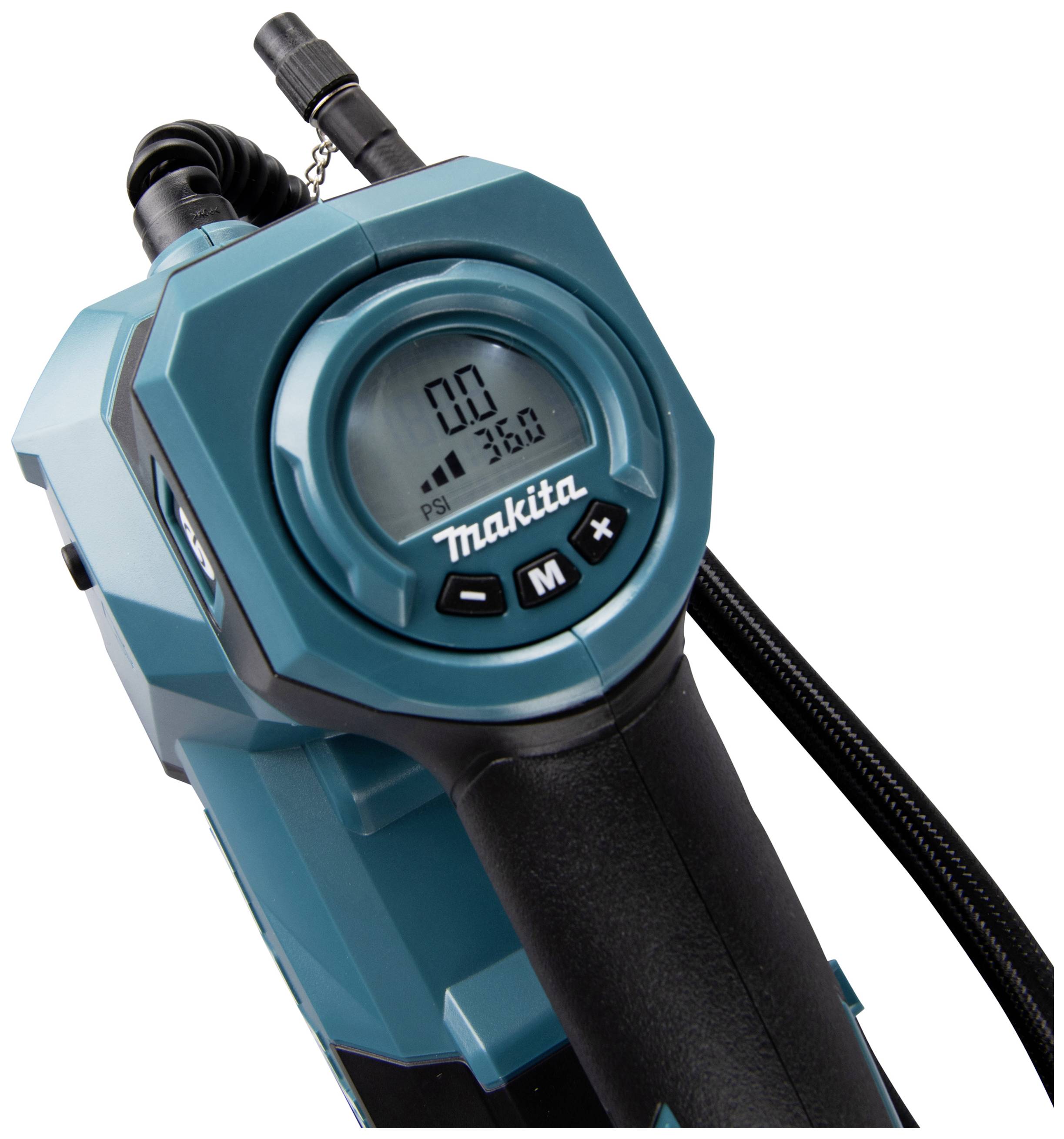 Digitální měřič tlaku pneumatik od Makity s kulatým displejem, zobrazující '0 PSI' a '36.0'. Zařízení v modré a černé barvě s ovládacími tlačítky.