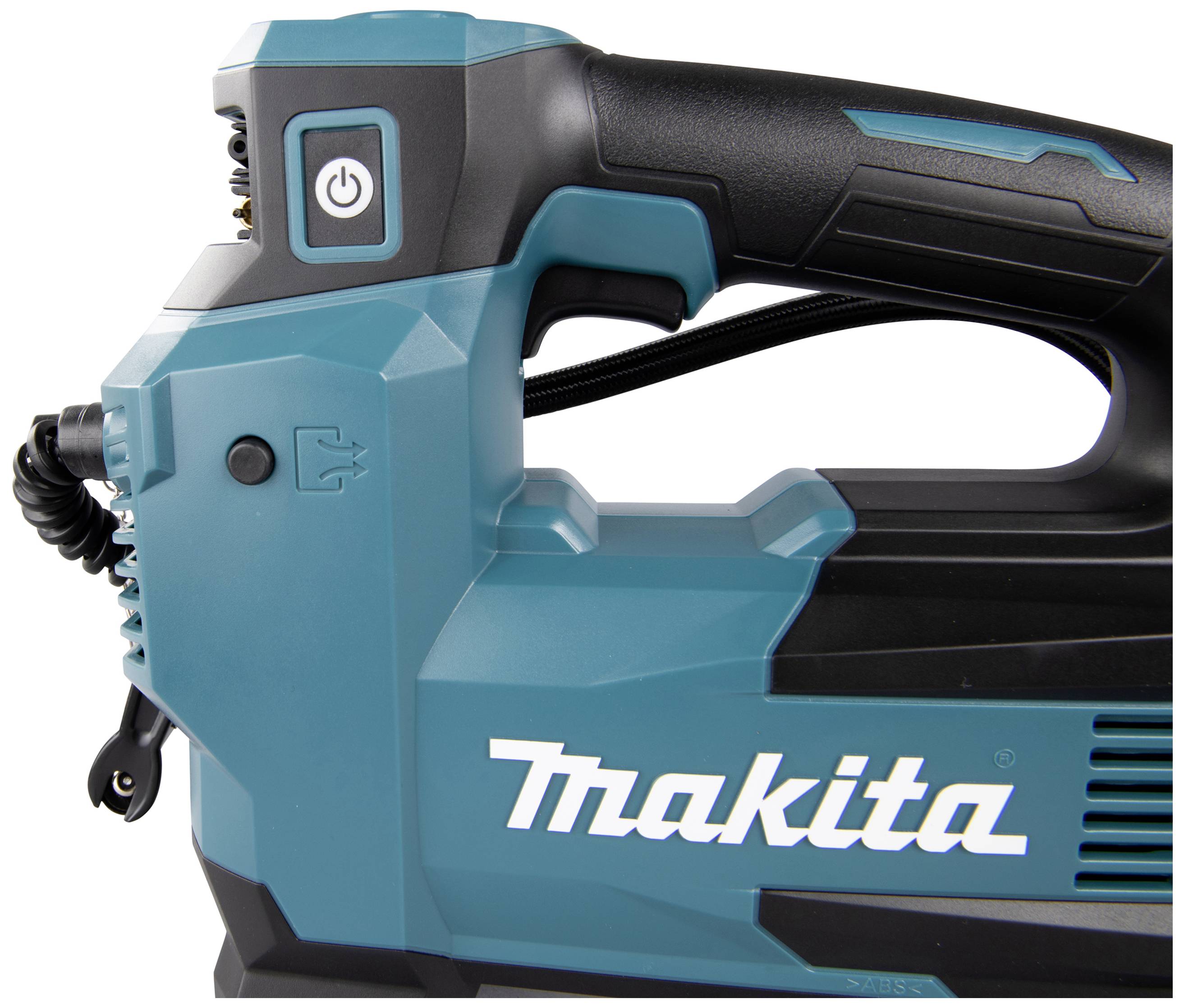 Elektrické nářadí s černou rukojetí a modrým krytem, na kterém je napsáno 'Makita'. Nad ním se nachází spínač zapnuto/vypnuto.
