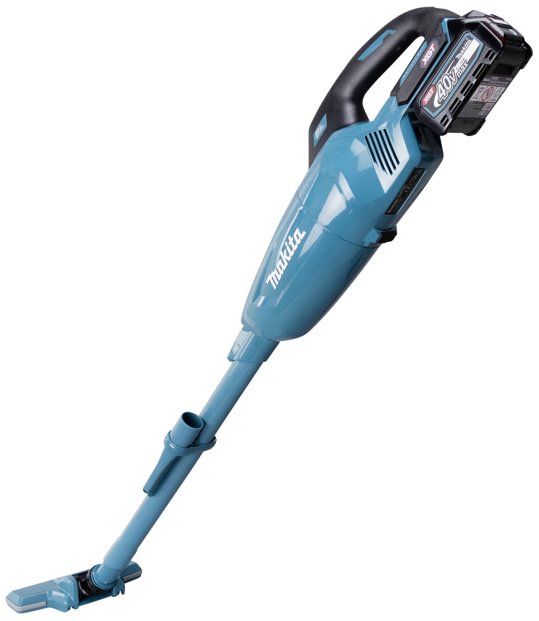 Modrý bezdrátový vysavač s ergonomickou rukojetí. Firemní logo viditelné na přístroji. Baterie umístěna nahoře pro mobilní použití.