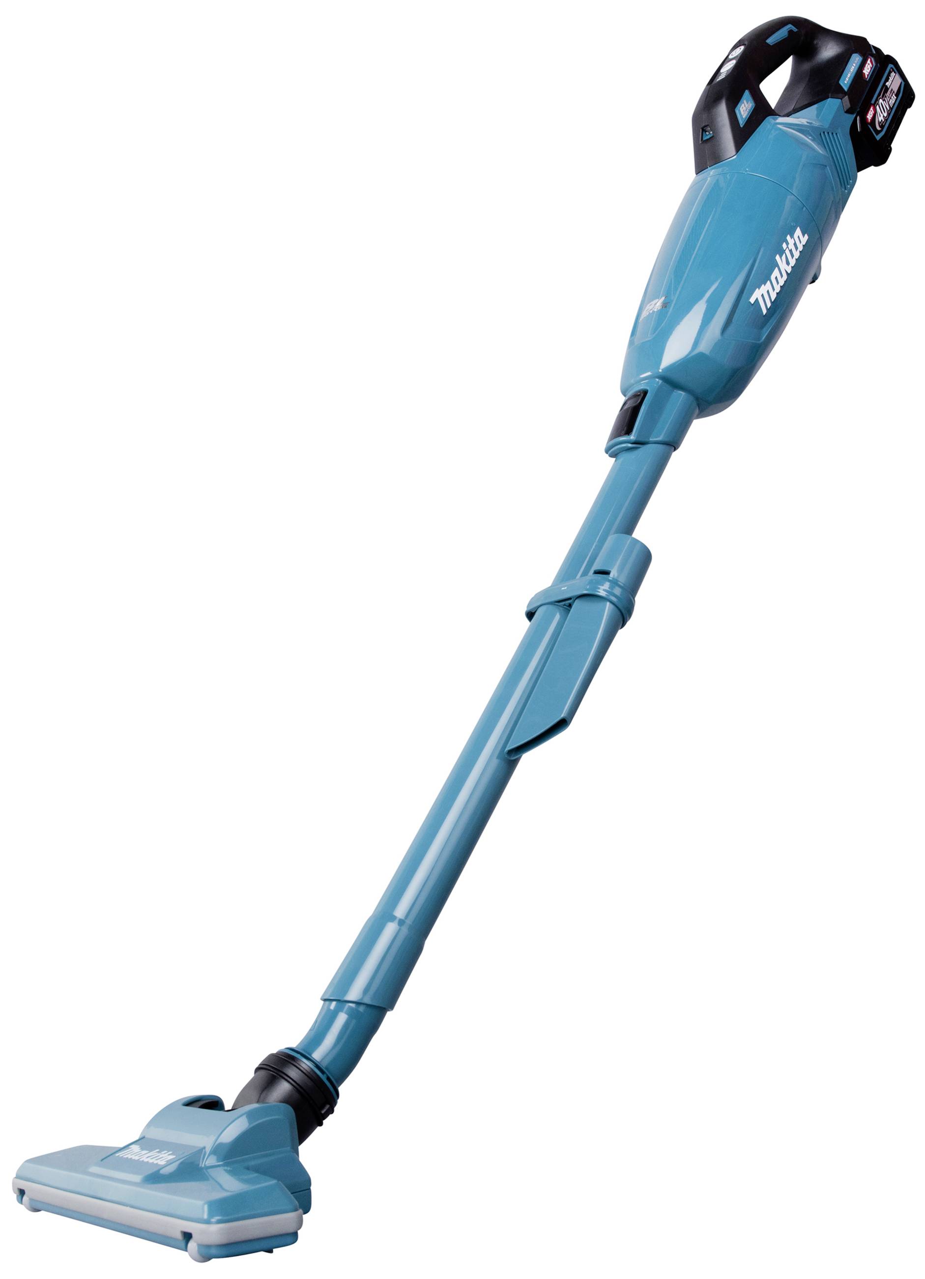 Tyčový akumulátorový vysavač v modré barvě, štíhlý design s horní rukojetí, vhodný pro snadné úklid domácnosti.