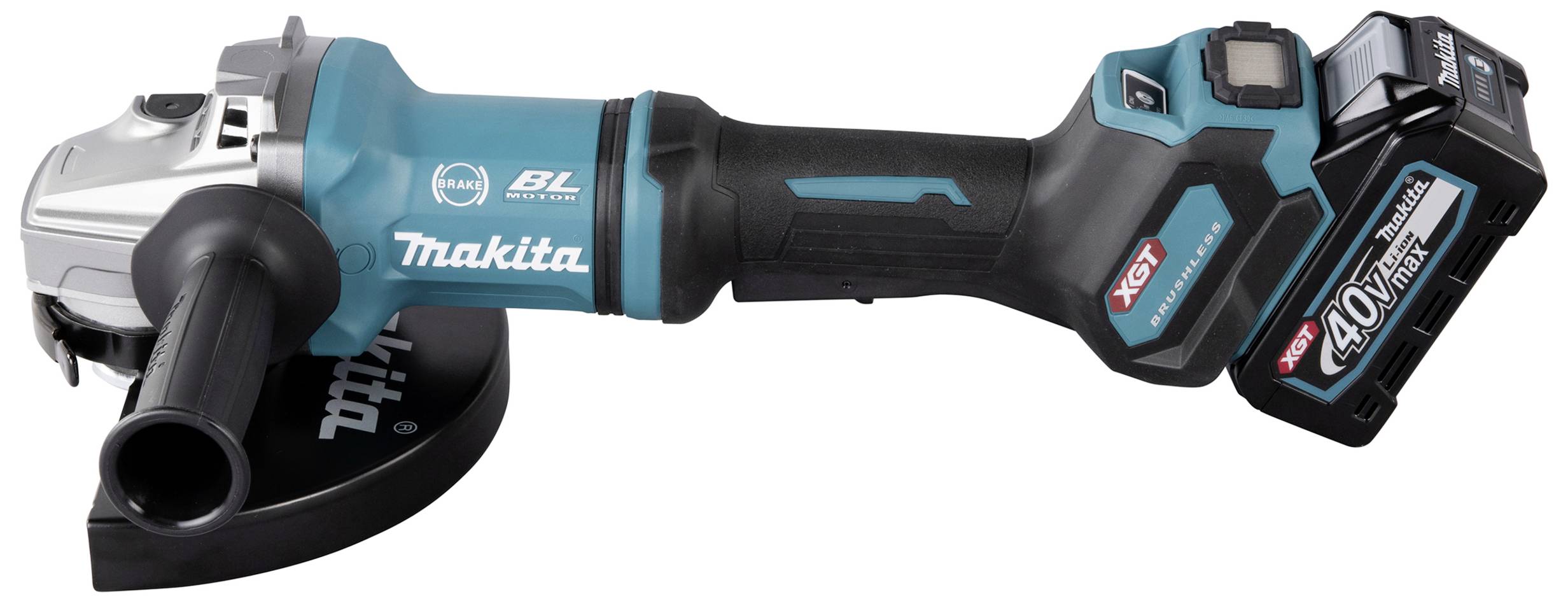 Modrá a černá úhlová aku bruska značky Makita, model XGT 40V Max, s namontovanou rukojetí a baterií.