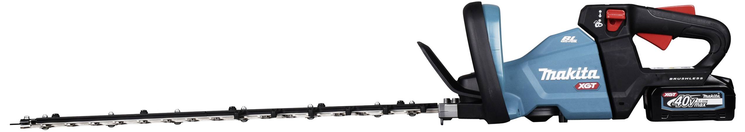 Akumulátorové zahradní nůžky značky Makita, model 18V, v modro-černém provedení s červeným spínačem. Vyznačují se dlouhou čepelí a ergonomickým držadlem.