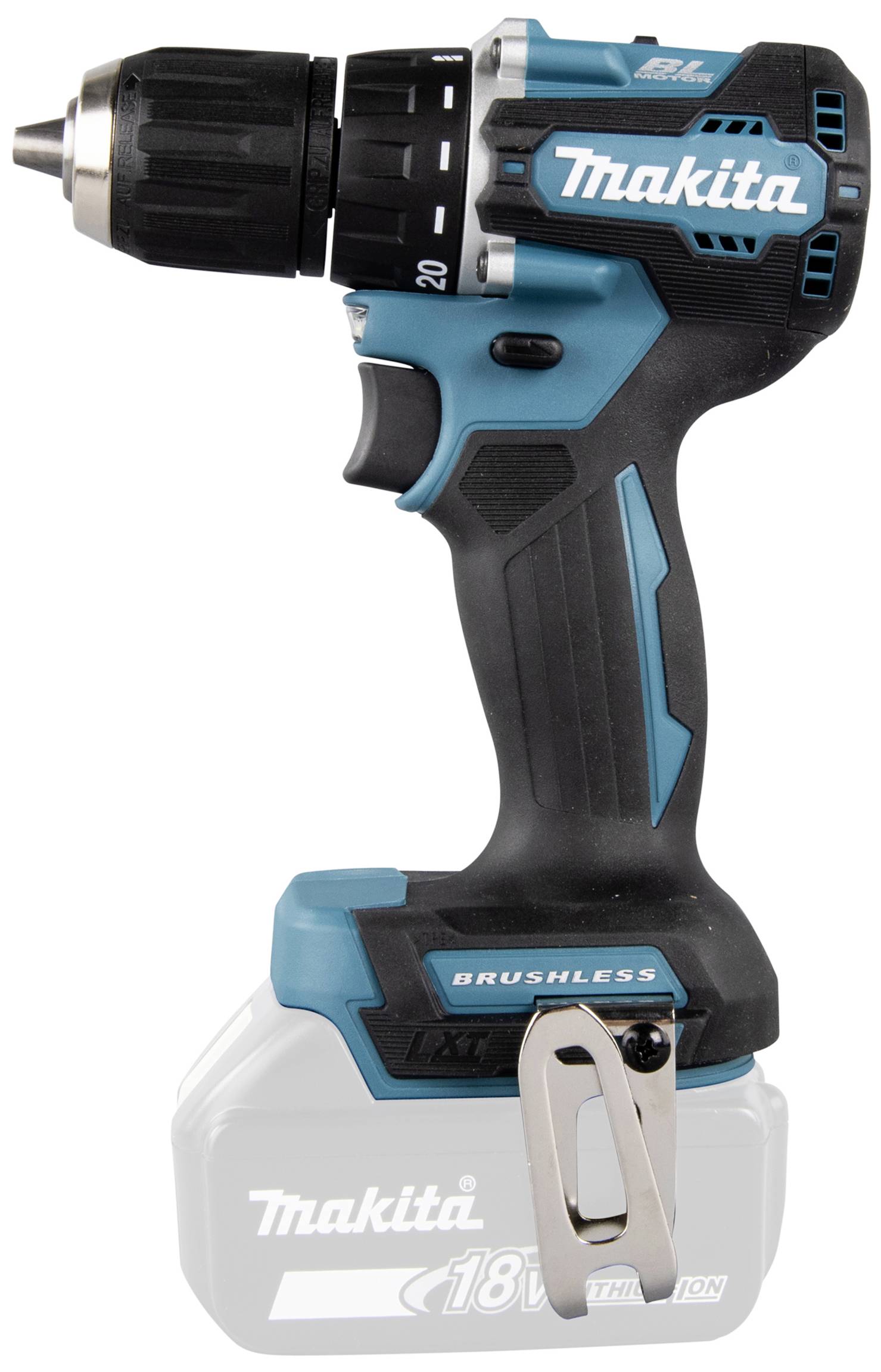 Modrý akumulátorový vrtací šroubovák s černou rukojetí a stříbrným sklíčidlem. Označený logem 'Makita' a '18V LXT Brushless'.
