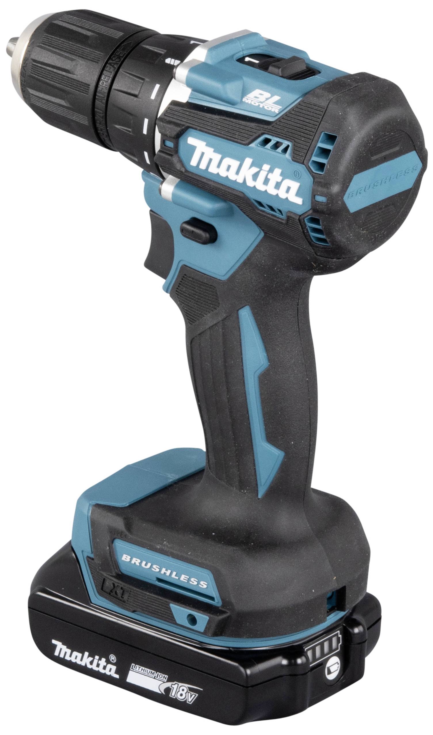 Modročerný aku šroubovák s nápisem 'Makita' a 'Brushless'. Je vybaven lithium-iontovou baterií 18V.
