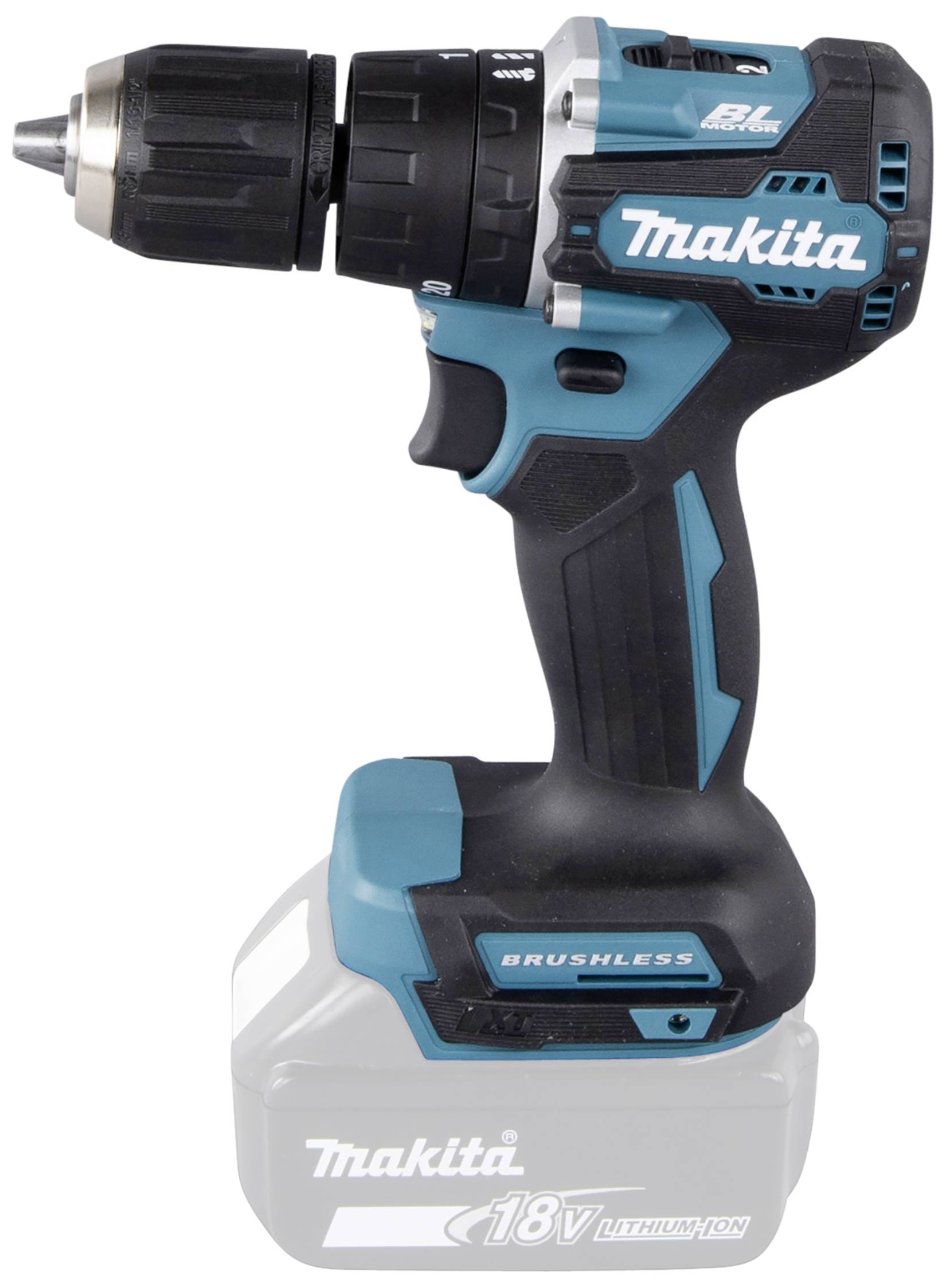 Bezdrátový akumulátorový šroubovák Makita s 18V lithium-iontovou baterií a bezkartáčovým motorem.