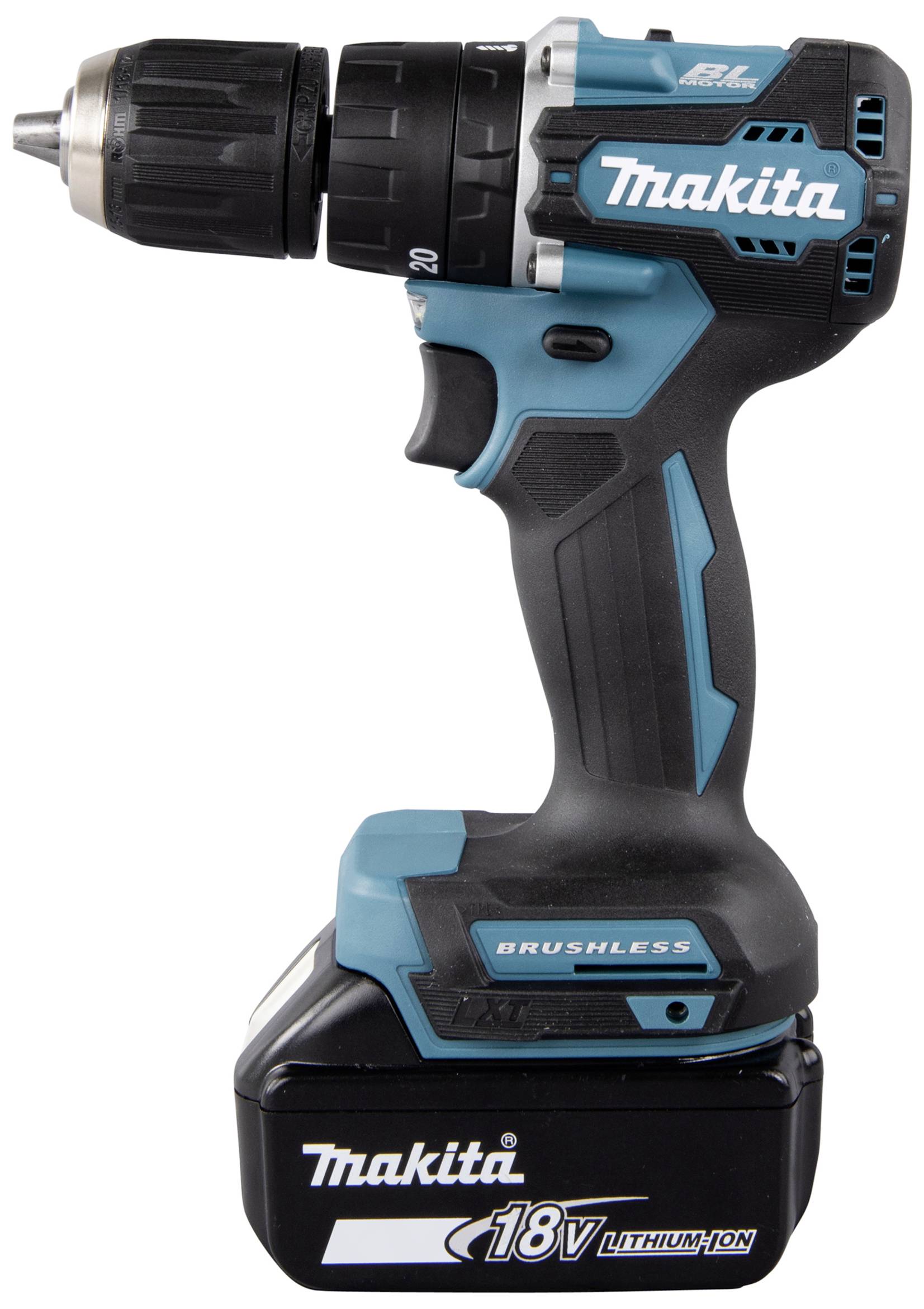 Akumulátorový šroubovák, modro-černý, 18V, s lithium-iontovou baterií. Viditelná značka a technické údaje. Vhodný pro vrtání a šroubovací práce.