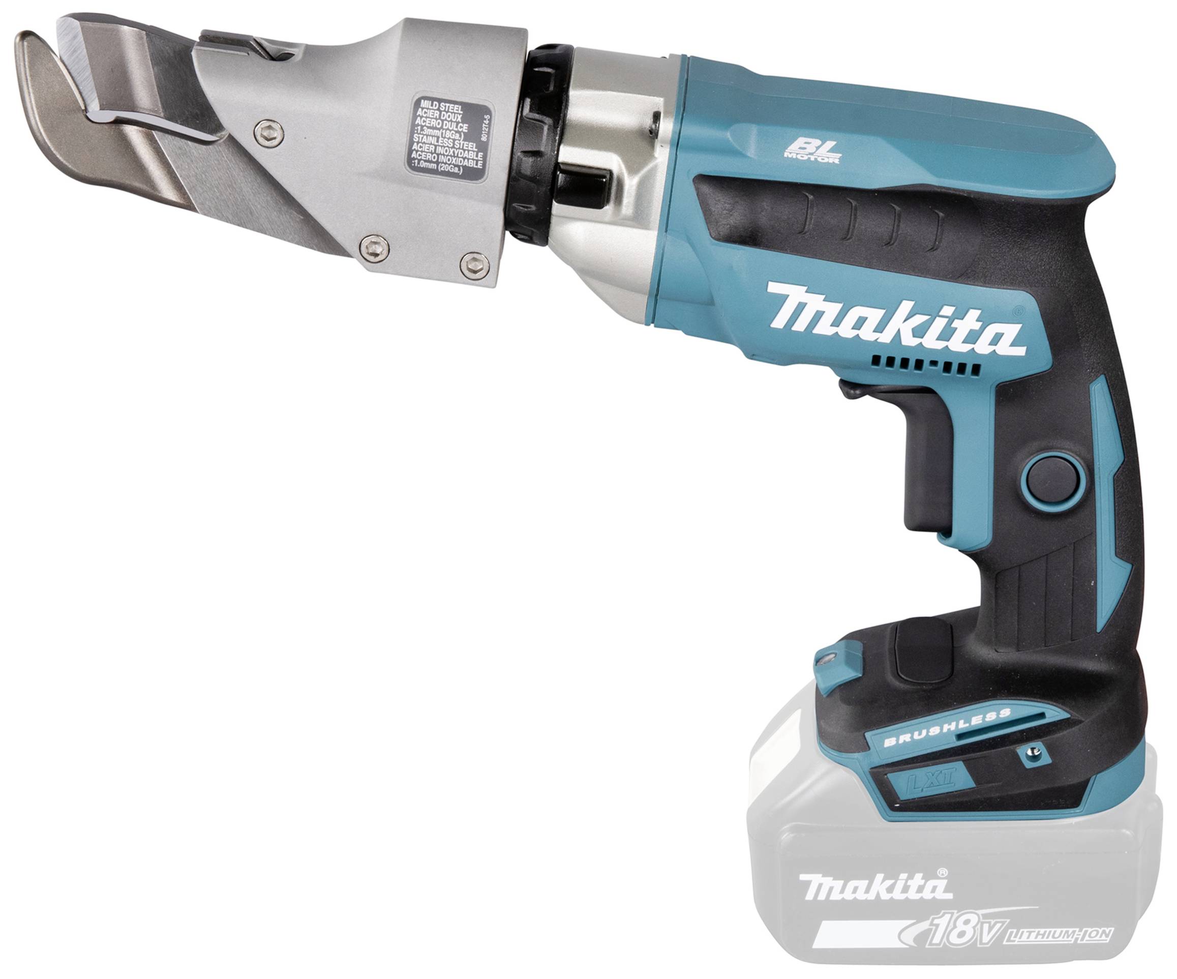 Bezdrátové nůžky na plech s 18V baterií a ergonomickou rukojetí, vhodné pro přesné stříhání kovových plechů.
