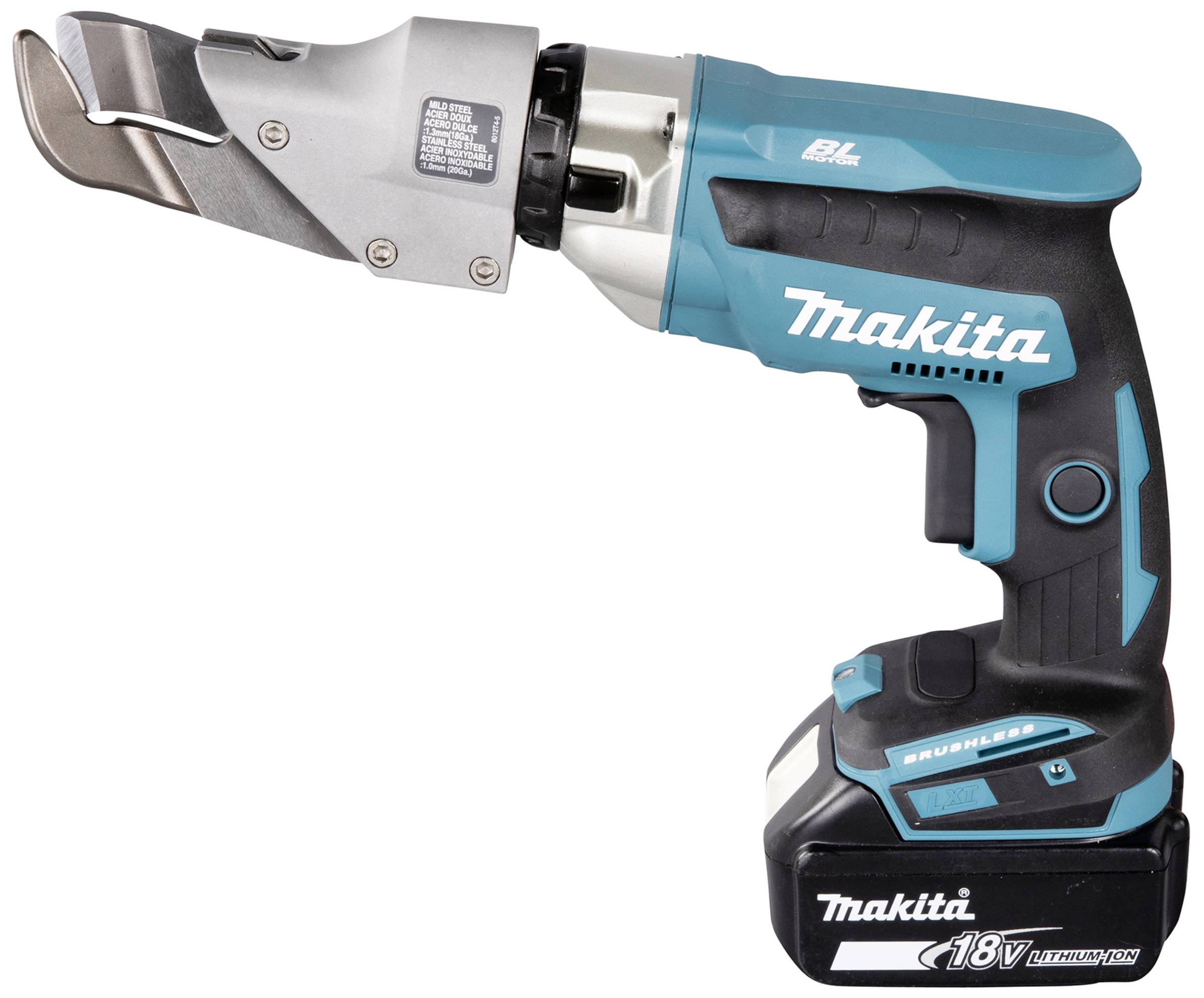 Akumulátorové elektrické nůžky na plech značky Makita, 18V, vhodné pro řezání plechů.