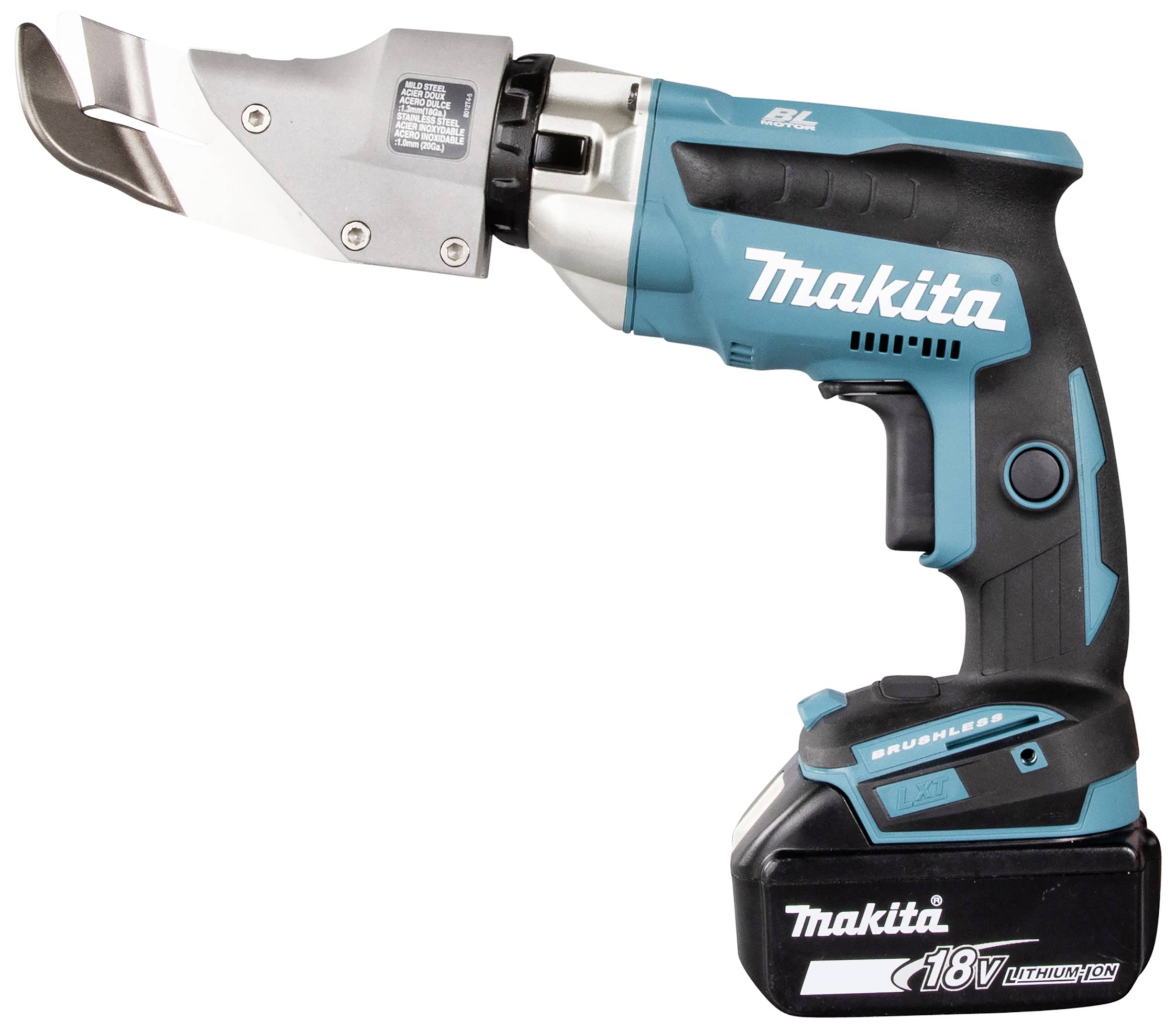 Akumulátorové nůžky v modré a černé barvě od Makity, model 18V LXT, vhodné pro přesné řezání materiálů.