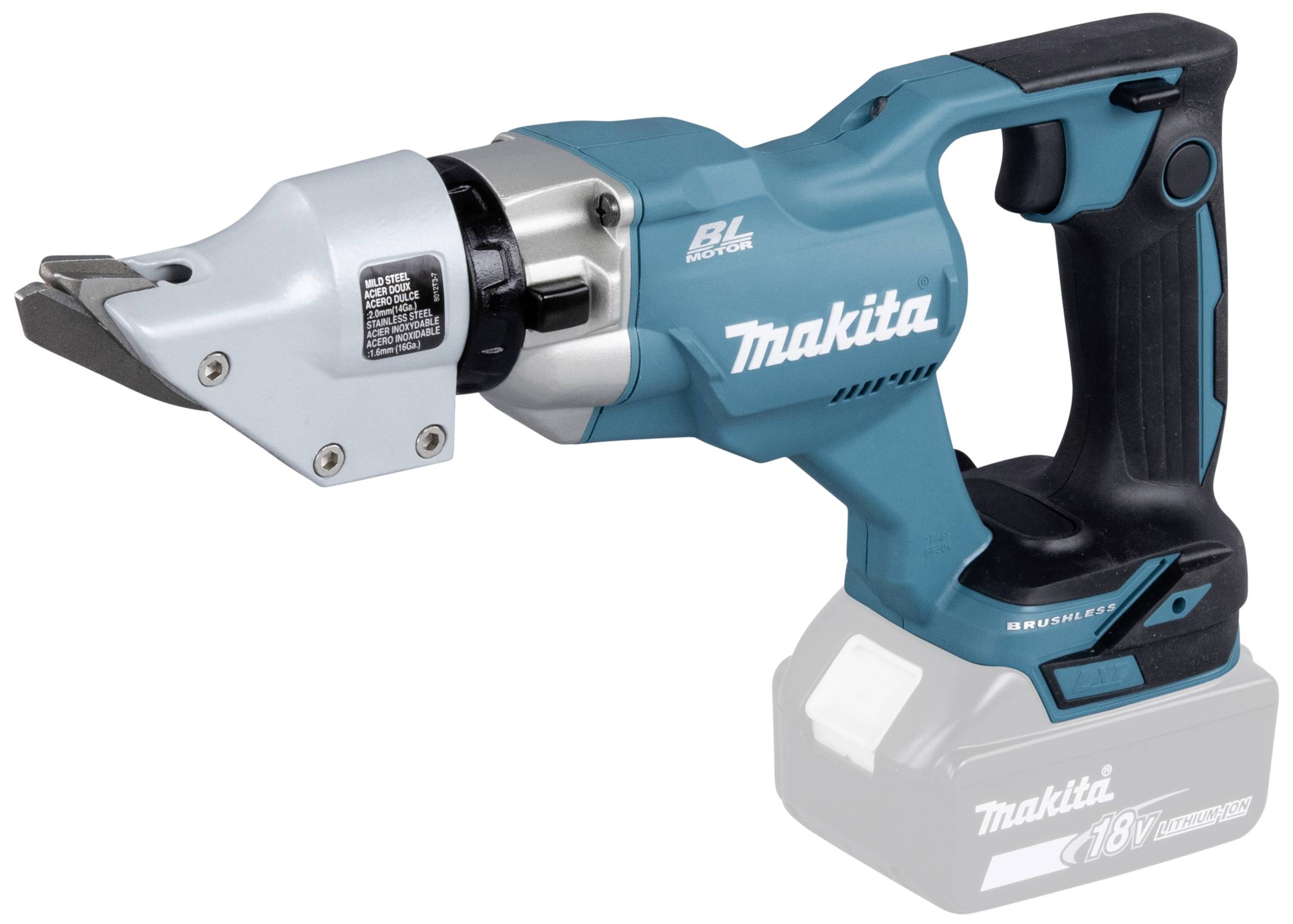 Bezdrátové Makita nůžky na plech v modré a černé barvě s akumulátorem. Vhodné pro řezání kovových plechů. Kompaktní design pro snadnou manipulaci.